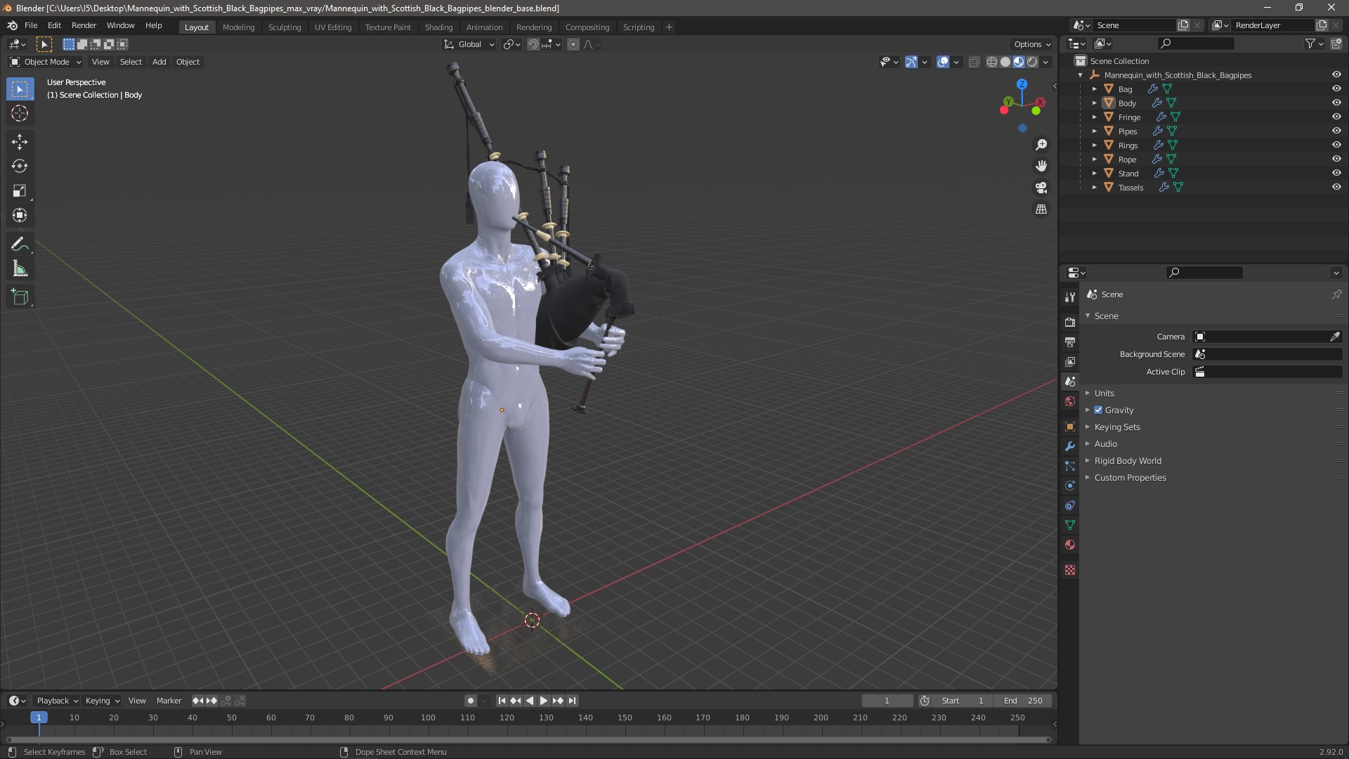 3D Mannequin with Scottish Black Bagpipes model