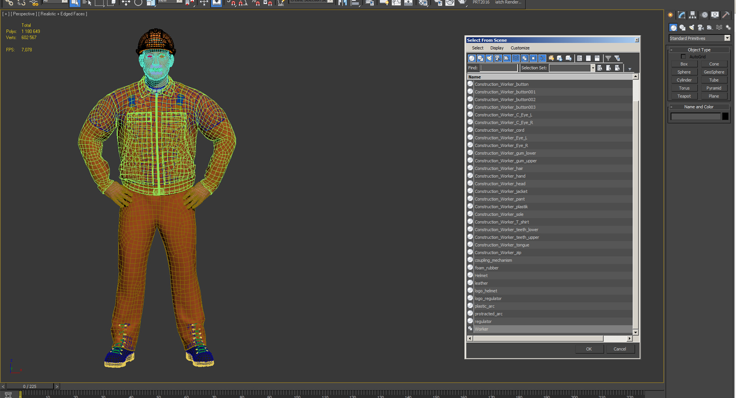 Factory Worker Orange Overalls with Hardhat Standing Pose 3D