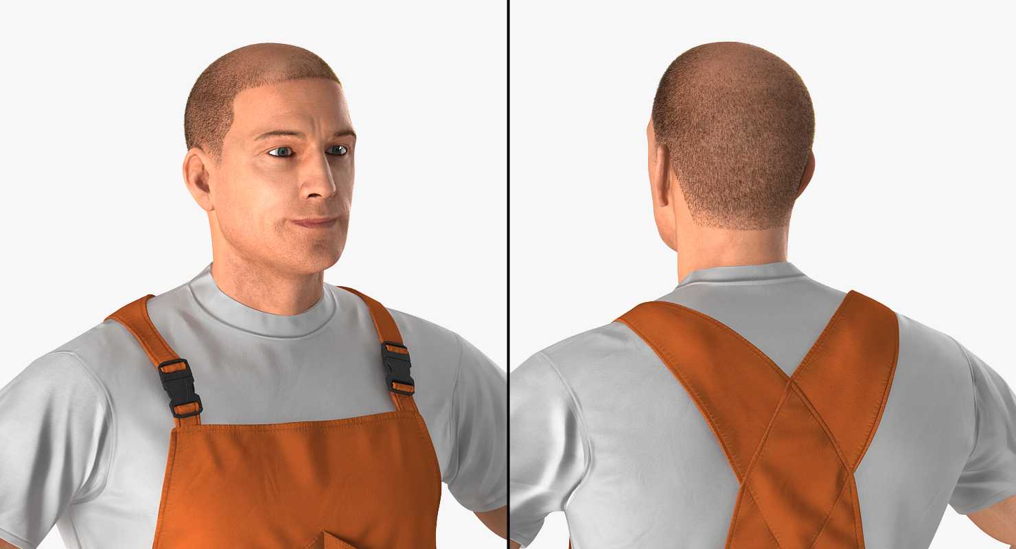 Factory Worker Orange Overalls with Hardhat Standing Pose 3D