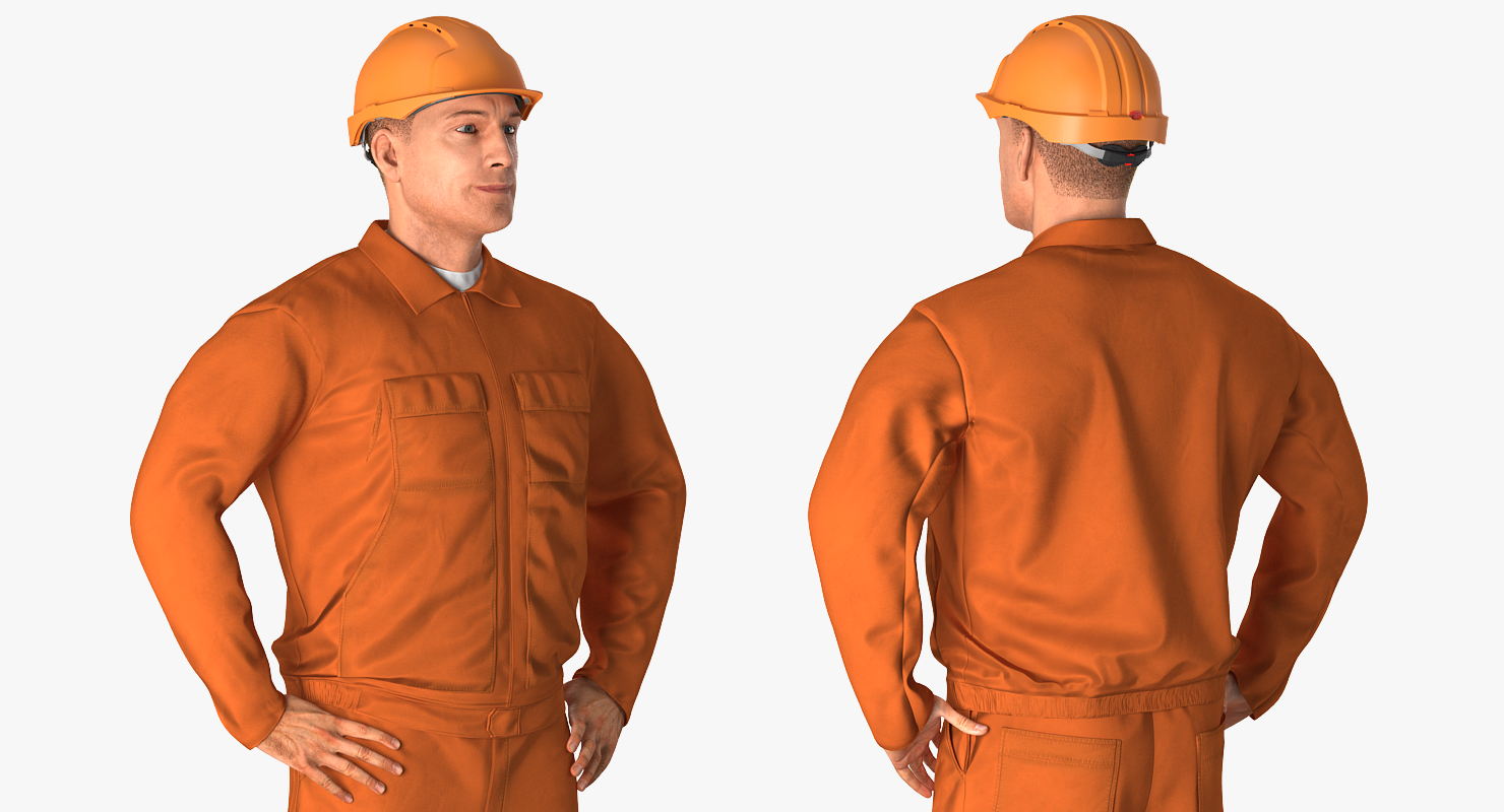 Factory Worker Orange Overalls with Hardhat Standing Pose 3D