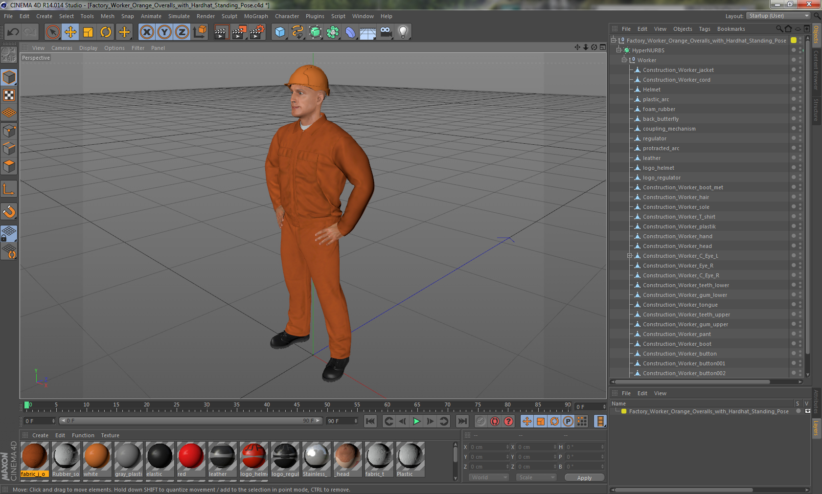 Factory Worker Orange Overalls with Hardhat Standing Pose 3D