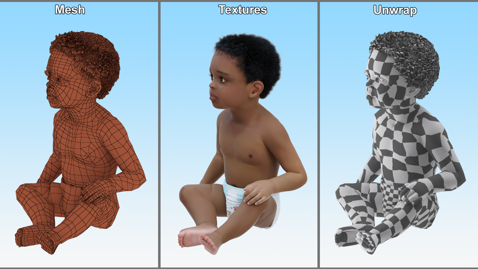 3D model African Baby Boy Light Skin in Diaper Sitting