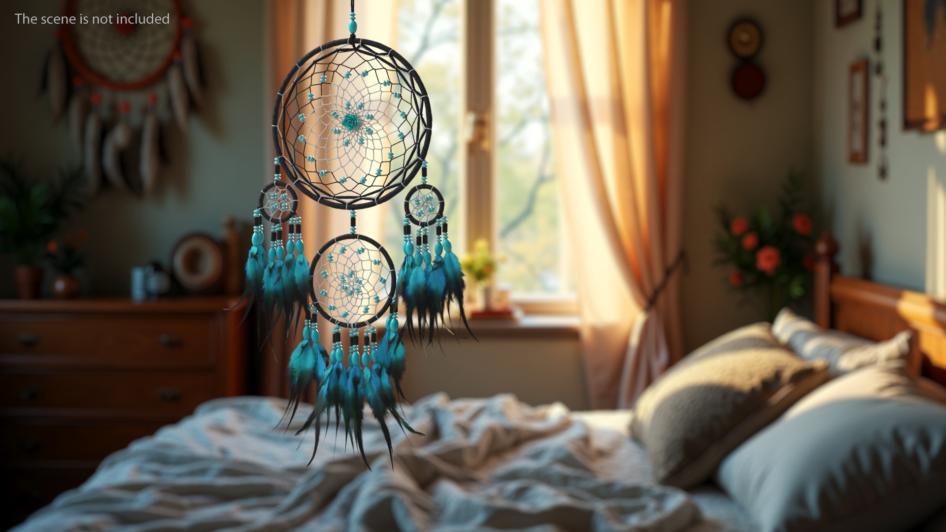 Dreamcatcher with Blue Feathers Four Rings 3D