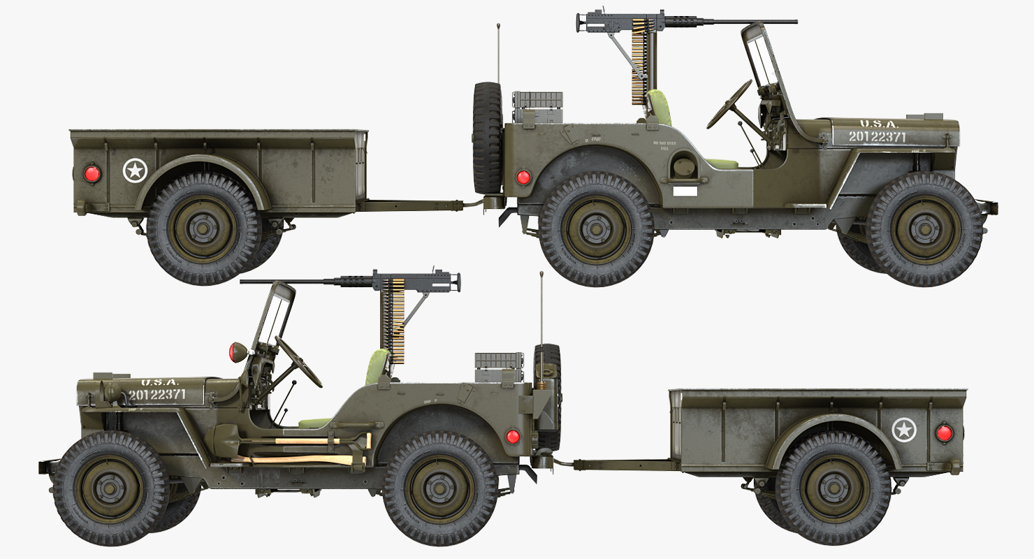 3D model Willys Jeep MB 44 with Trailer Ambulance