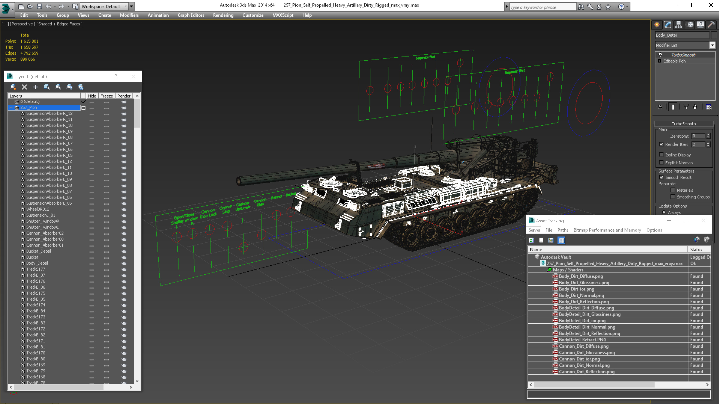 2S7 Pion Self Propelled Heavy Artillery Dirty Rigged 3D