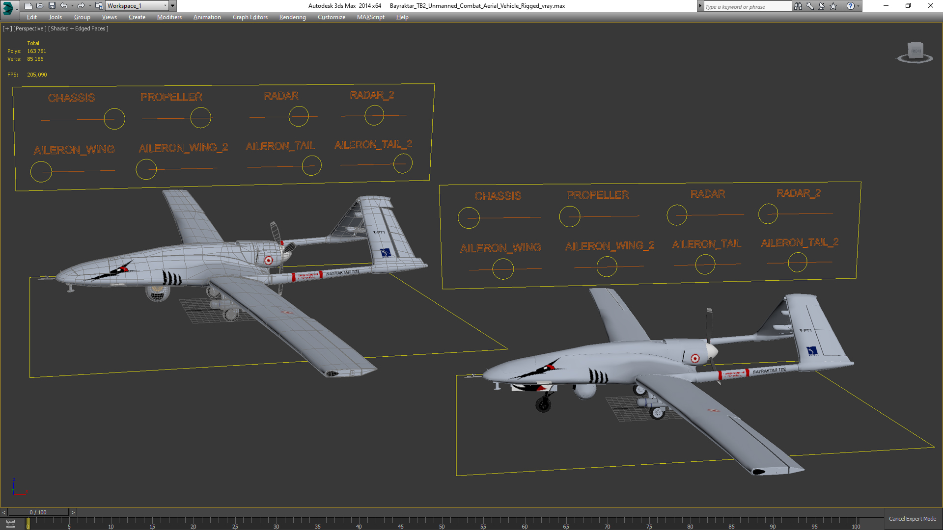 3D Bayraktar TB2 Unmanned Combat Aerial Vehicle Rigged