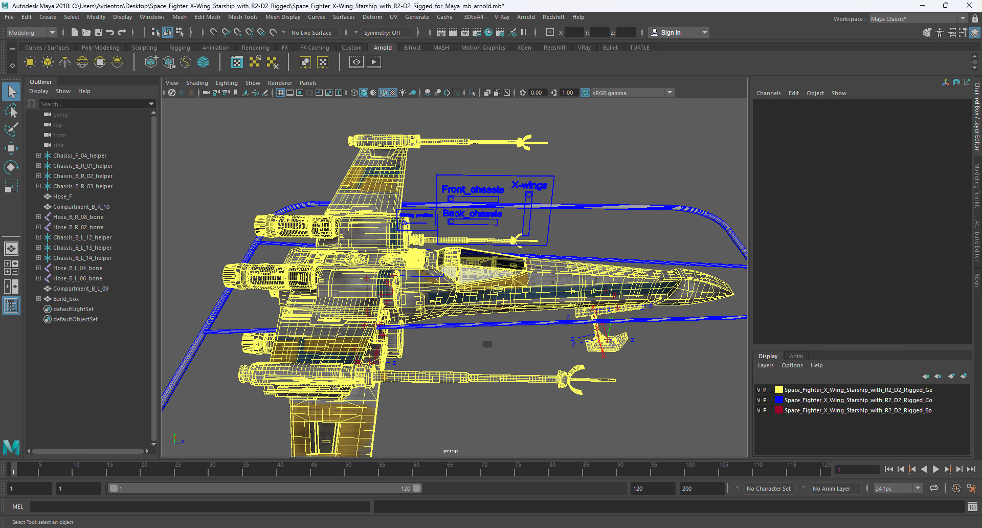 3D Space Fighter X-Wing Starship with R2-D2 Rigged for Maya