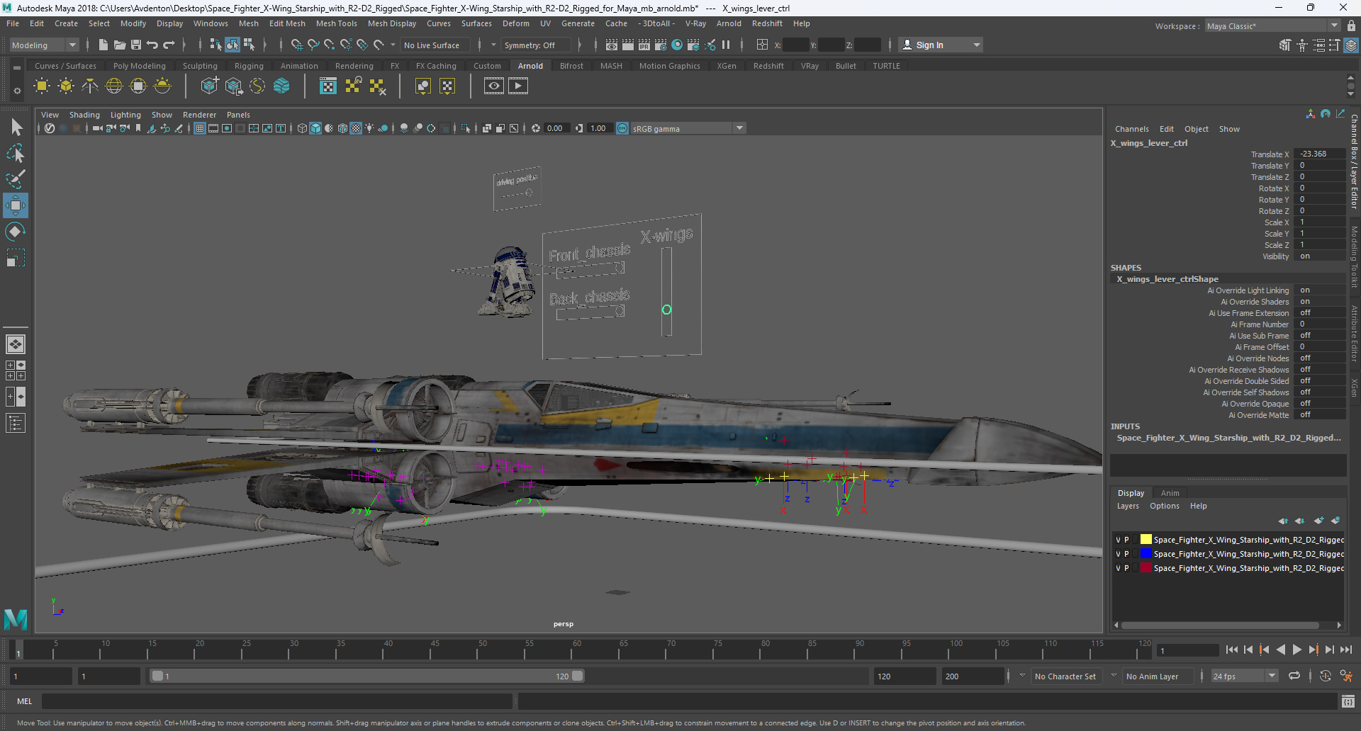 3D Space Fighter X-Wing Starship with R2-D2 Rigged for Maya