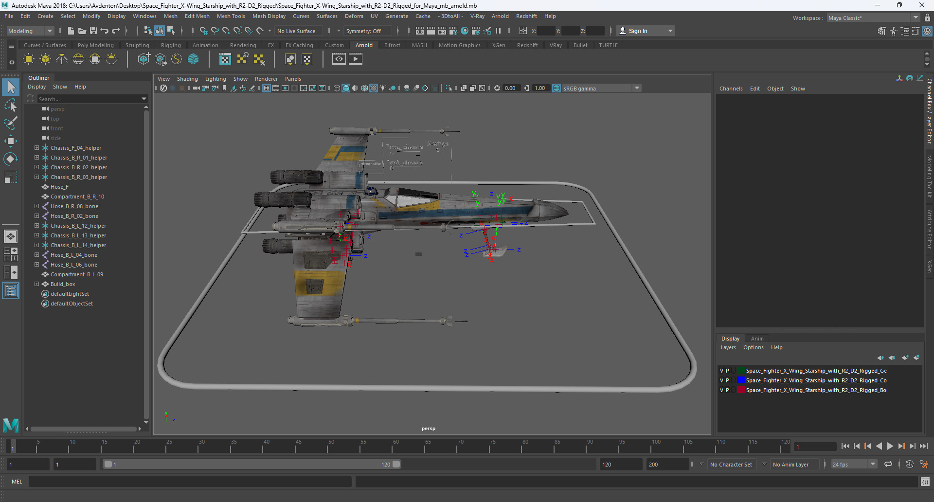 3D Space Fighter X-Wing Starship with R2-D2 Rigged for Maya