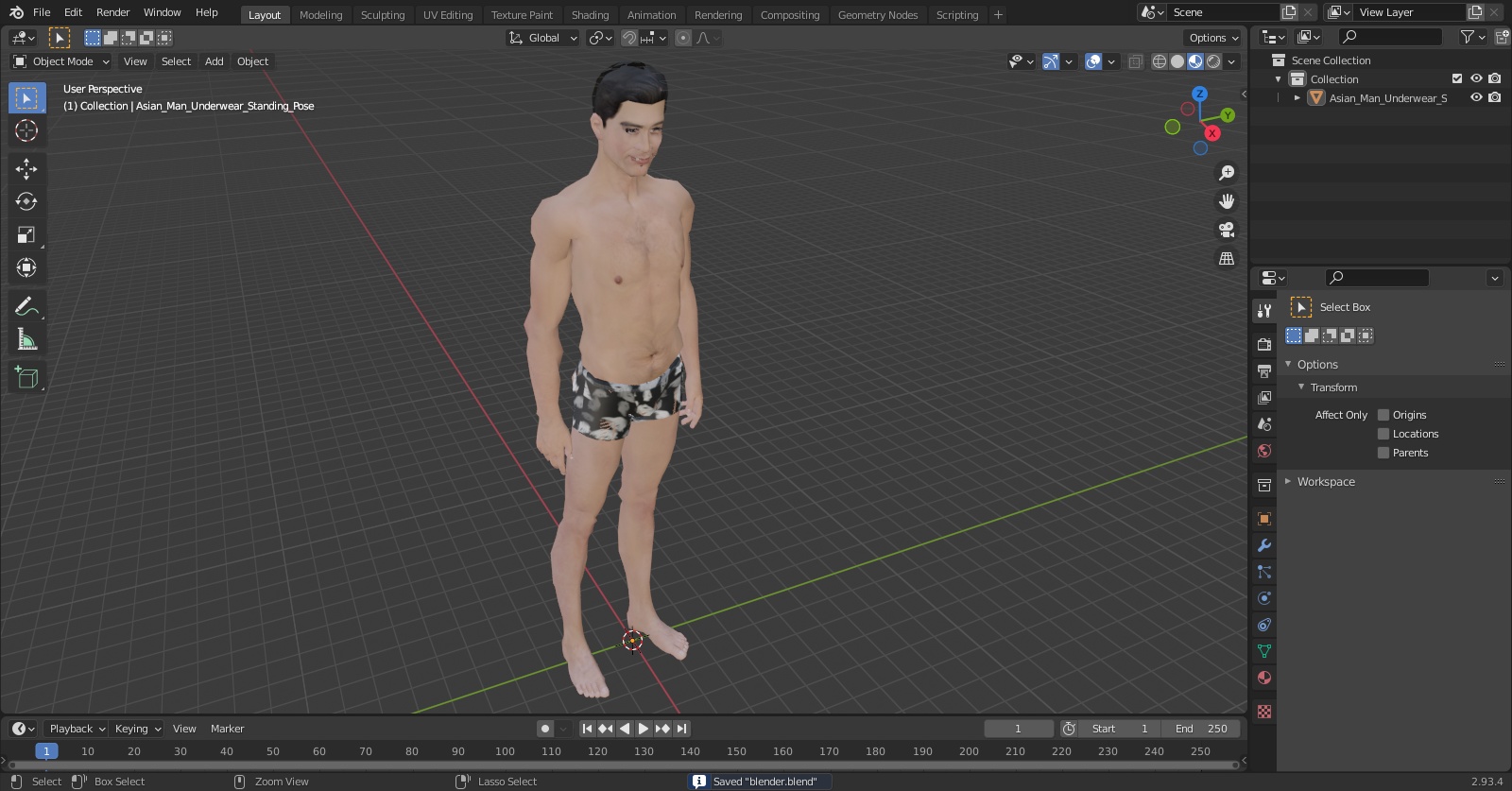 3D Asian Man Underwear Standing Pose model