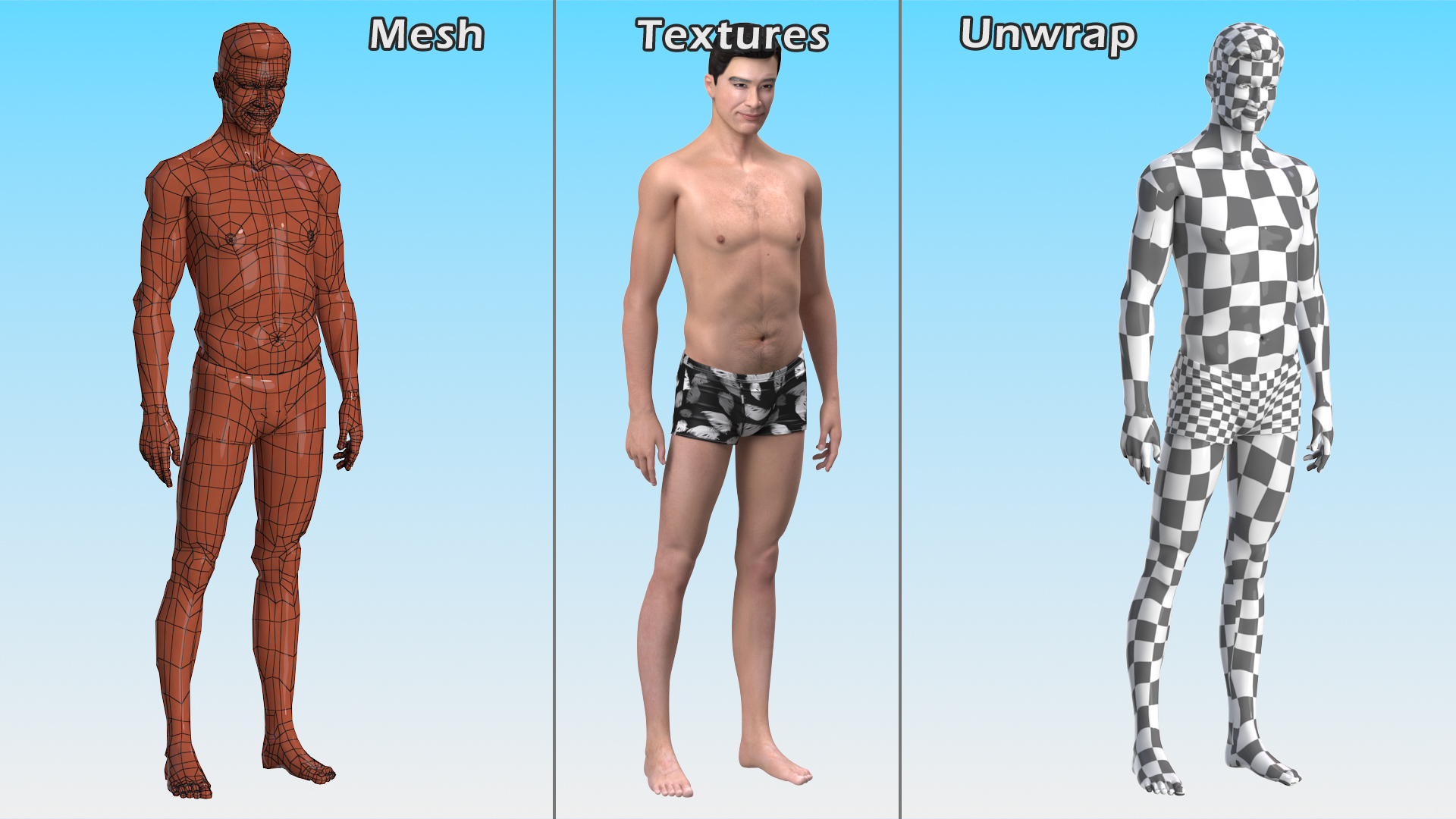 3D Asian Man Underwear Standing Pose model