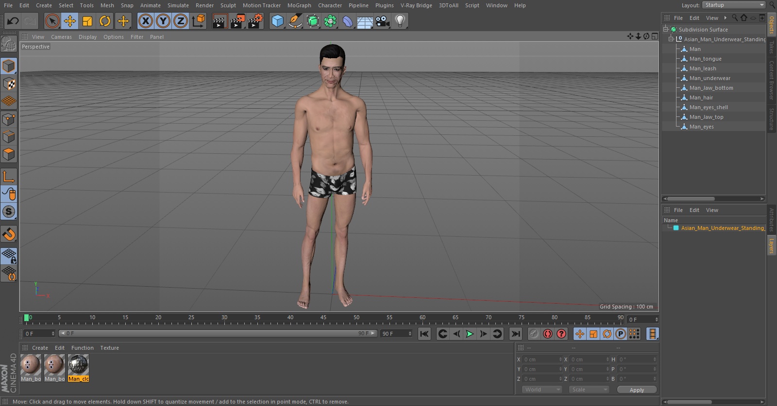 3D Asian Man Underwear Standing Pose model