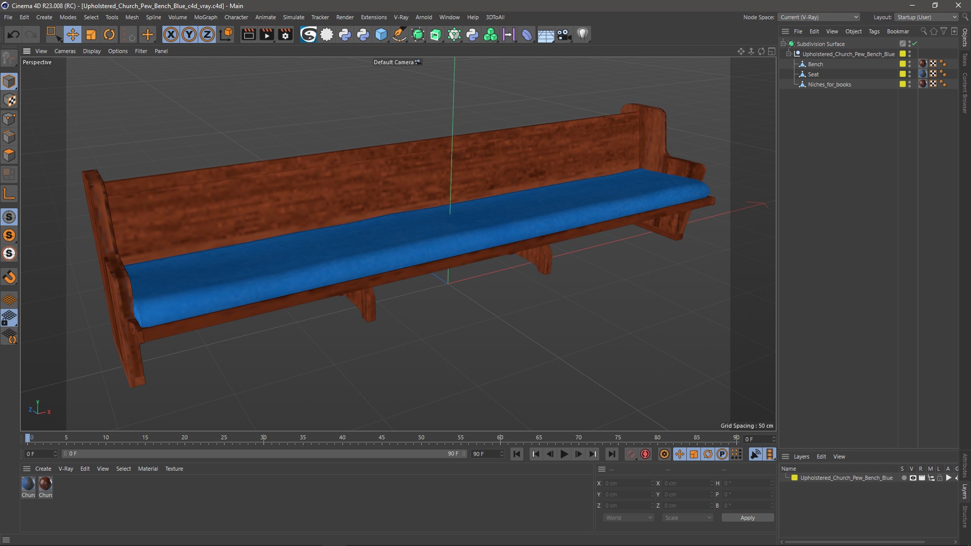 3D Upholstered Church Pew Bench Blue model