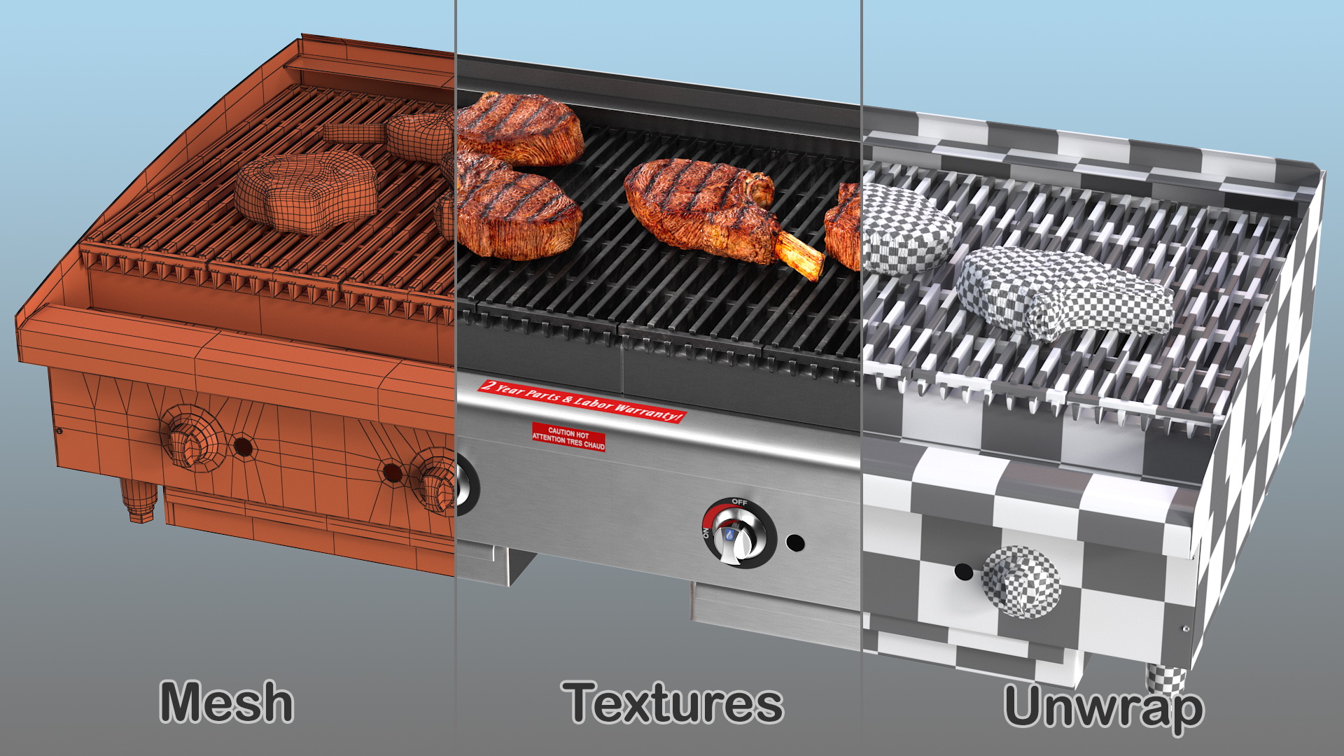 3D Countertop Stainless Steel Charbroiler with Meat model