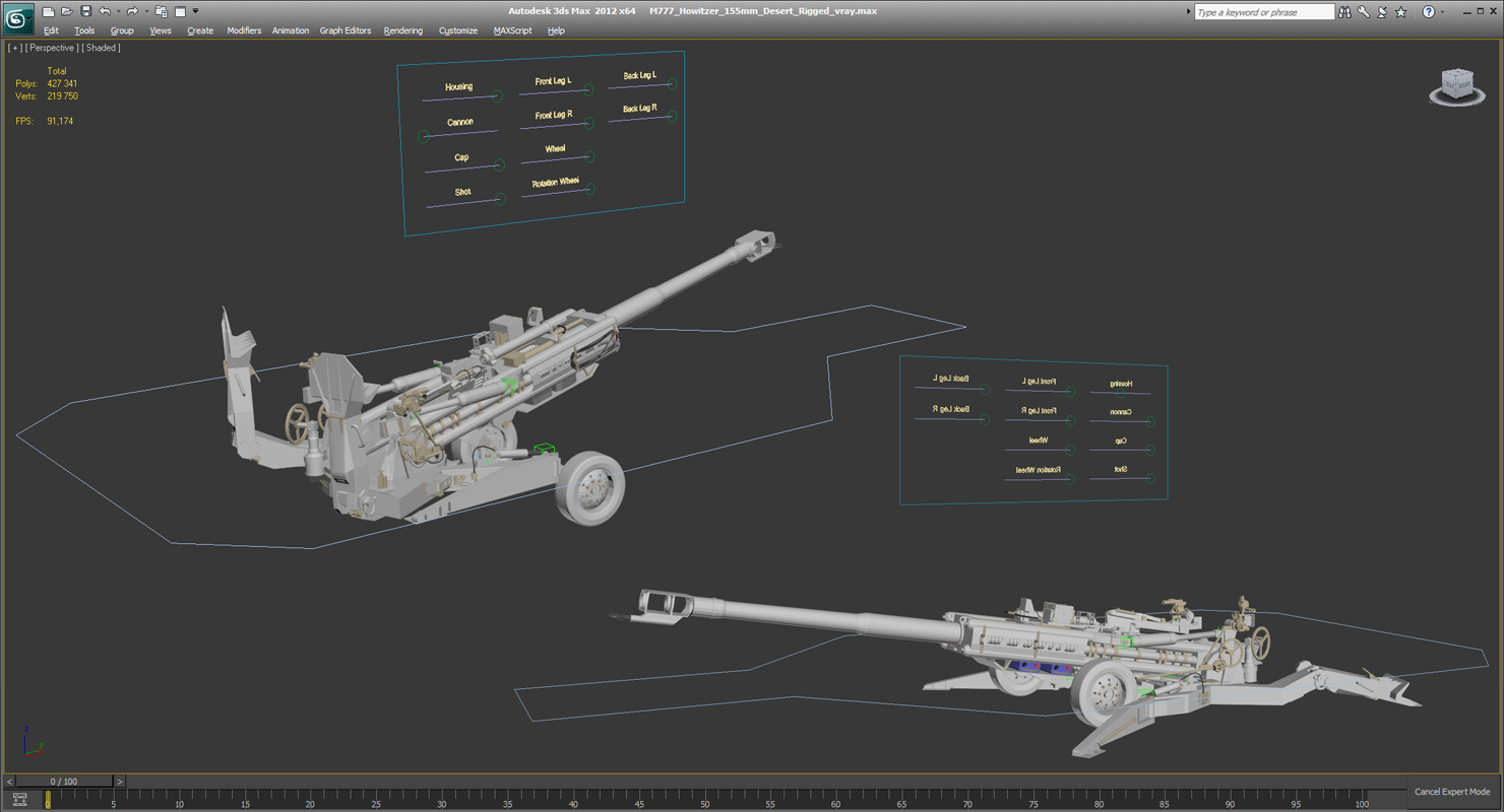 3D M777 Howitzer 155mm Desert Rigged model