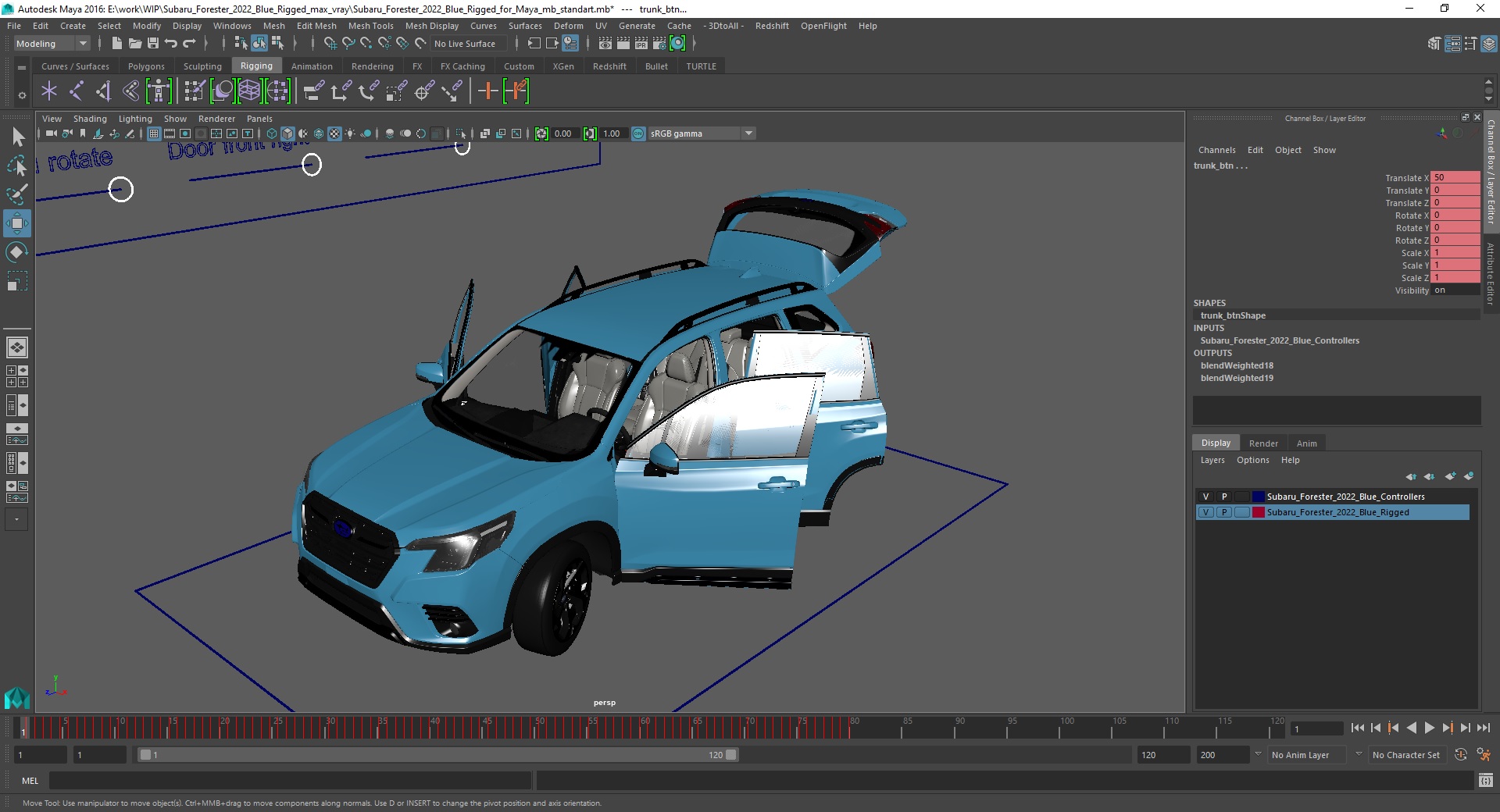 3D Subaru Forester 2022 Blue Rigged for Maya