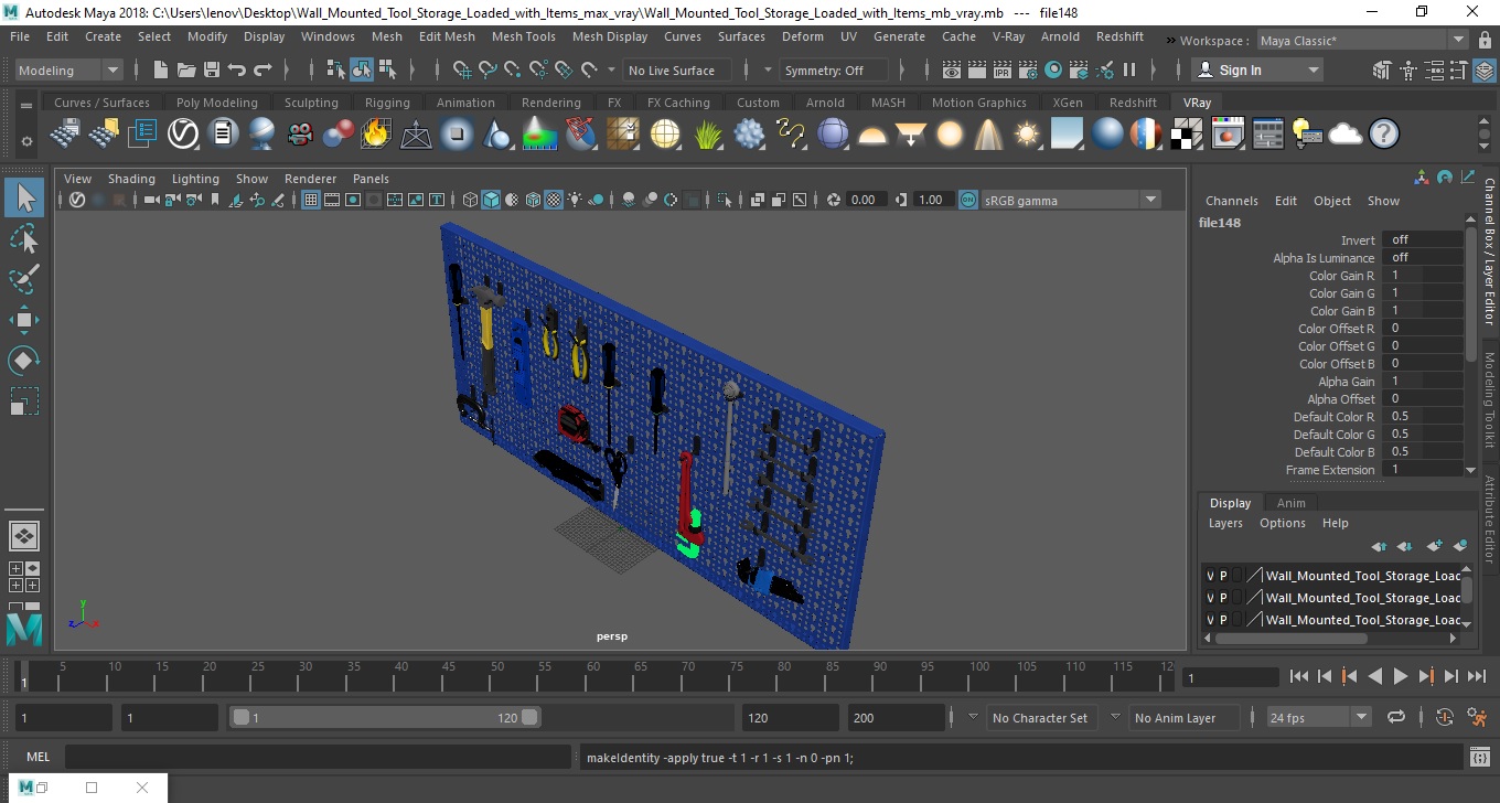 3D Wall Mounted Tool Storage Loaded with Items model