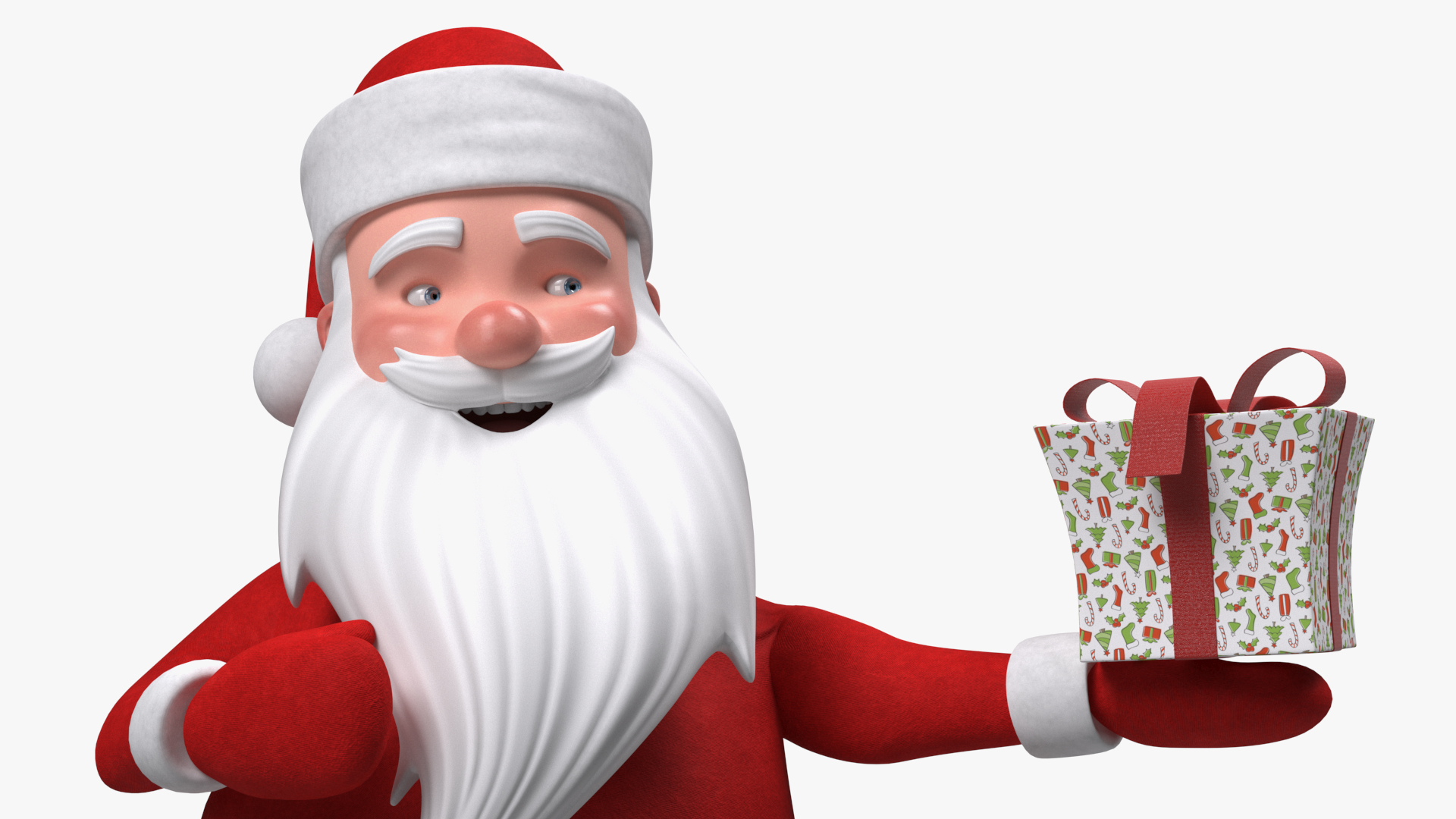 Smiling Santa Claus Cartoon Character with Gift 3D