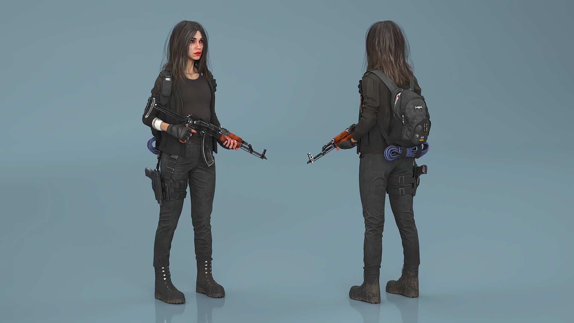 3D Female Post-Apocalyptic Survivor with Rifle model