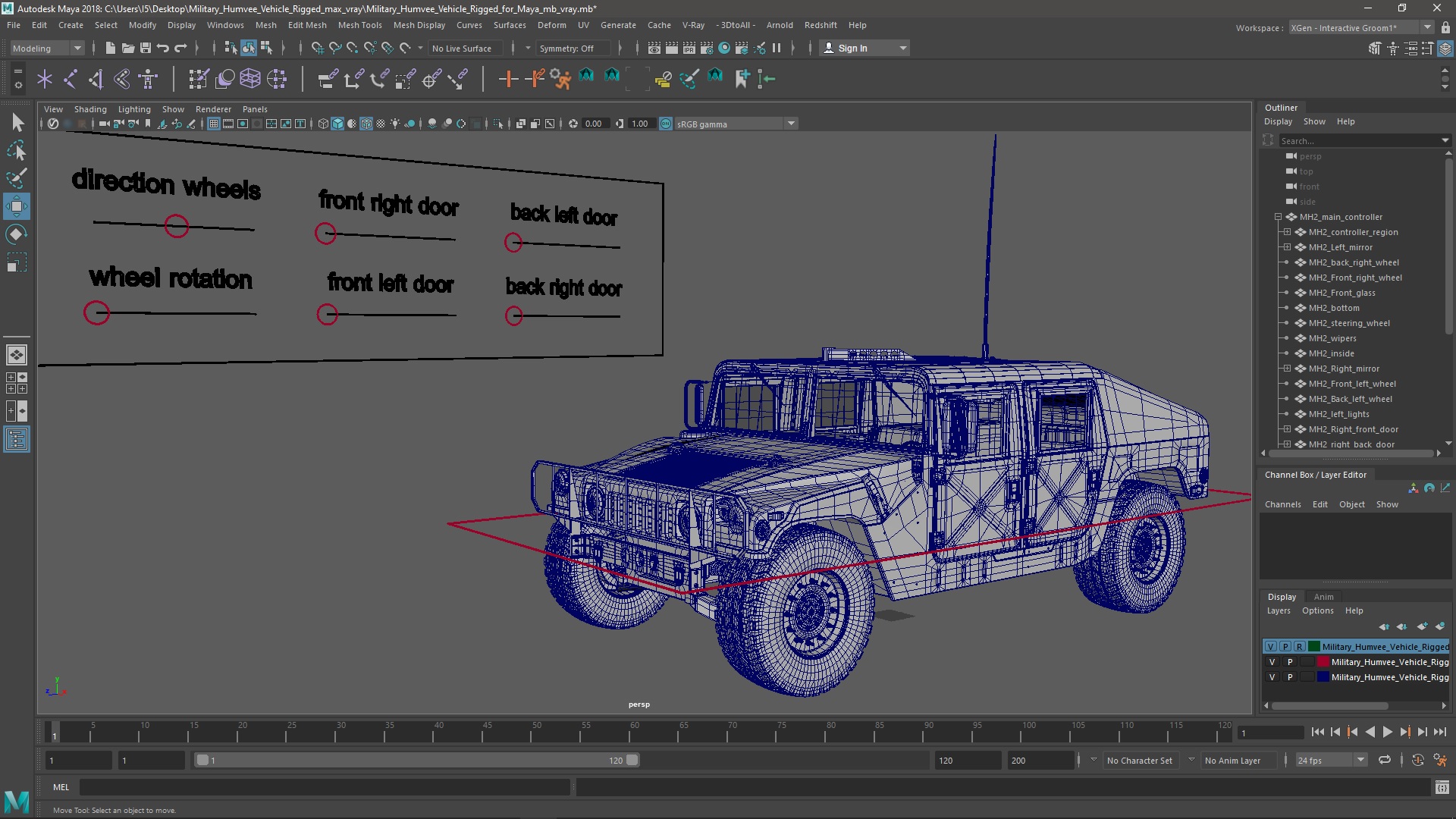 Military Humvee Vehicle Rigged for Maya 3D model