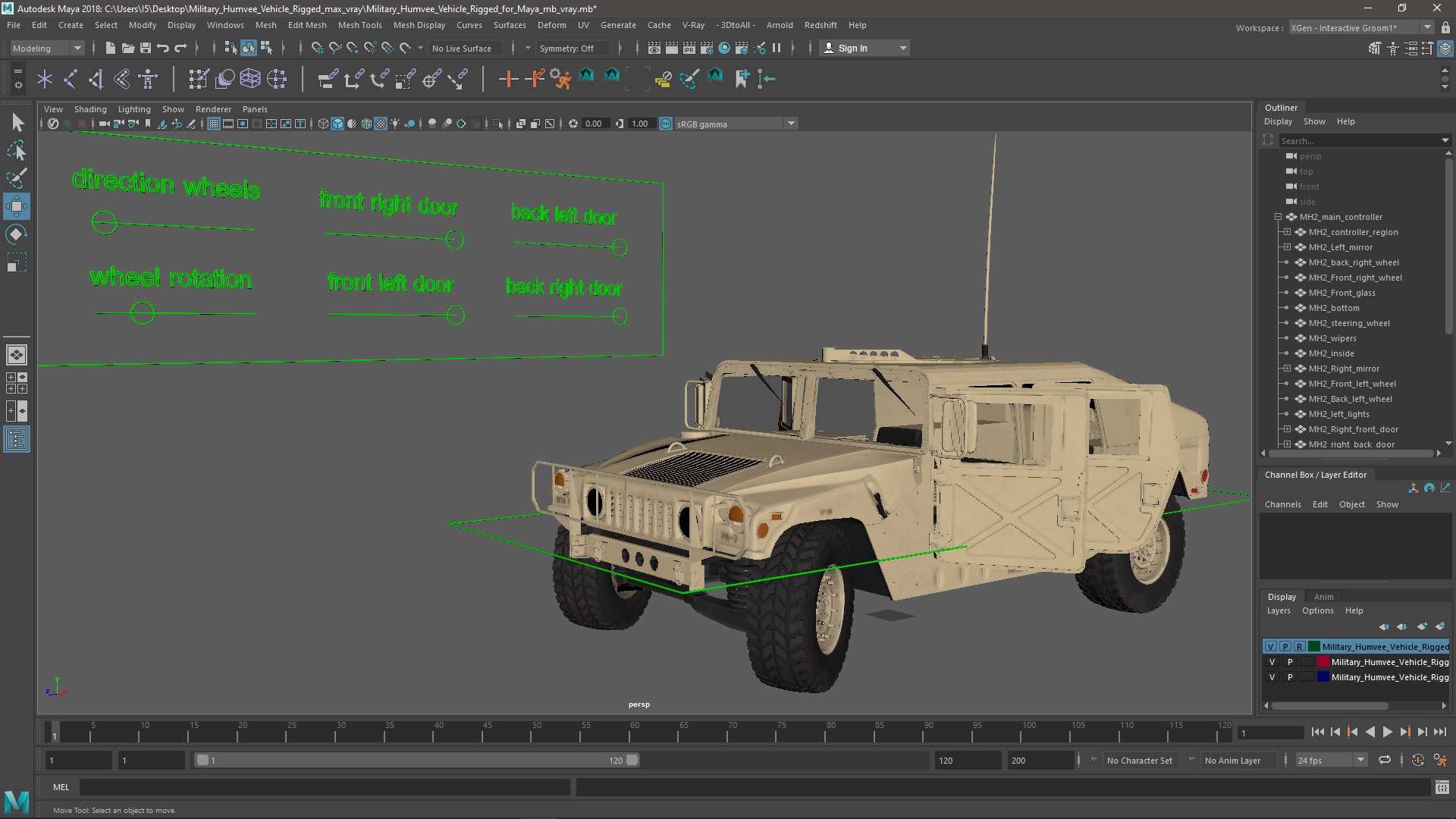 Military Humvee Vehicle Rigged for Maya 3D model