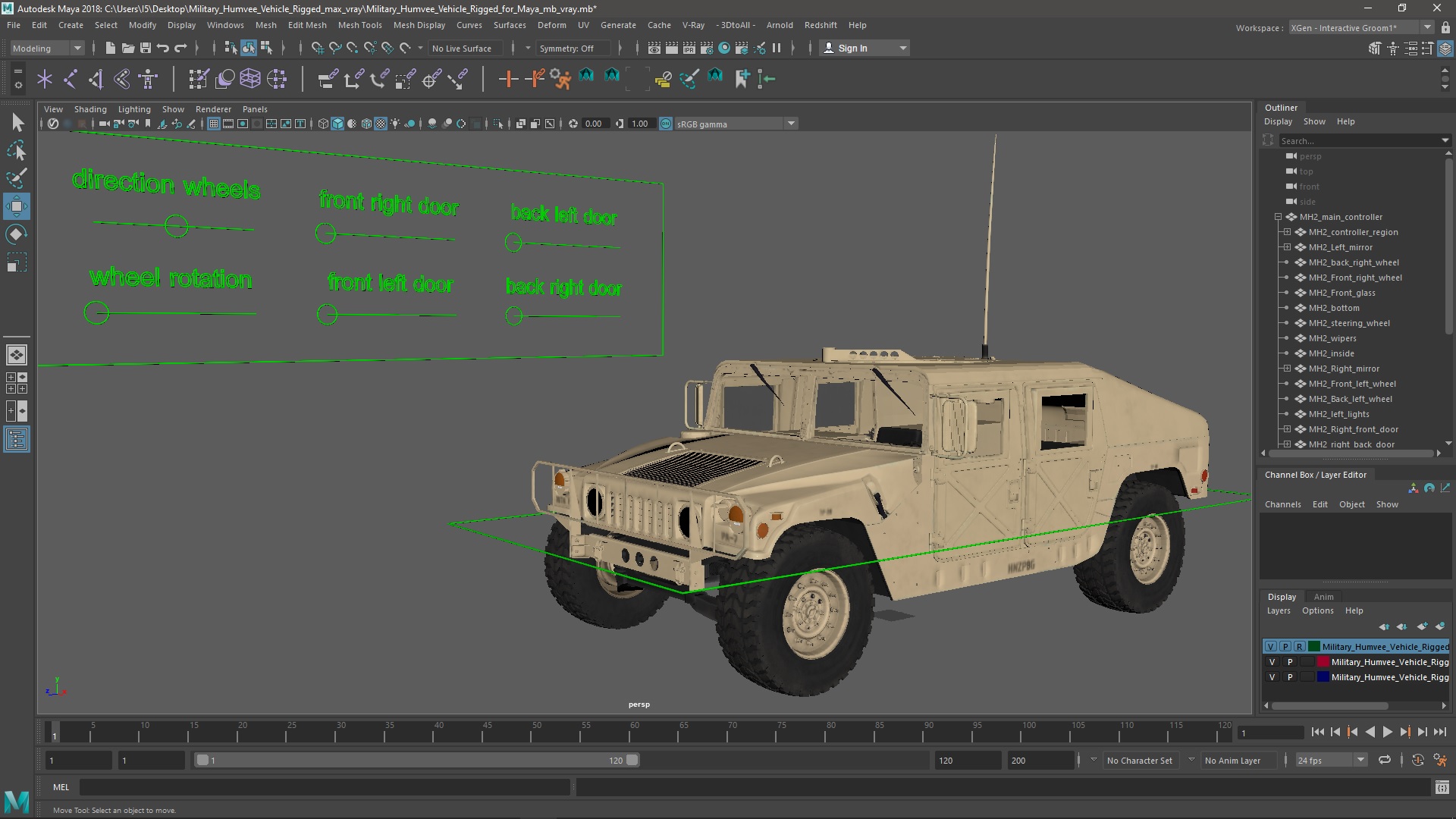 Military Humvee Vehicle Rigged for Maya 3D model