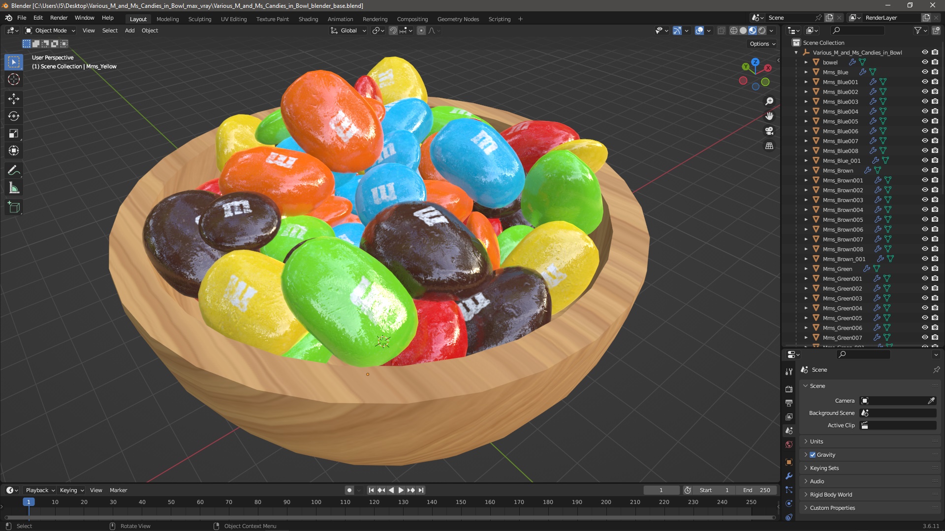 Various M and Ms Candies in Bowl 3D