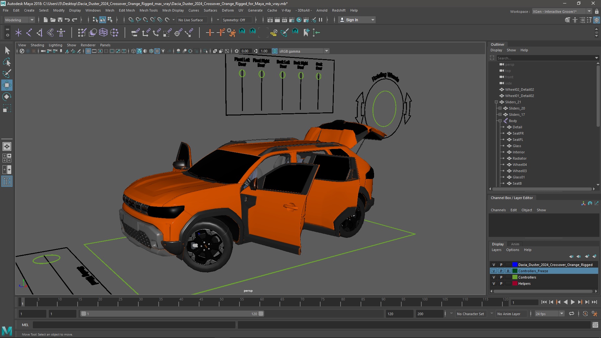 3D model Dacia Duster 2024 Crossover Orange Rigged for Maya