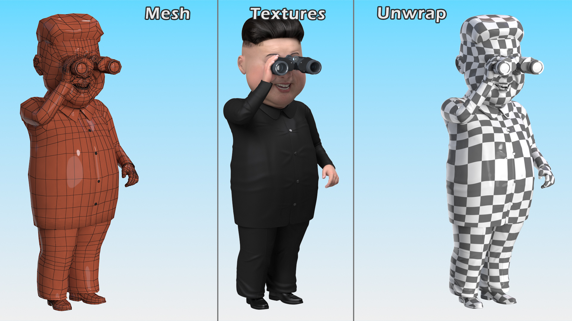 3D Cartoon Kim Jong Un Looking Binoculars model