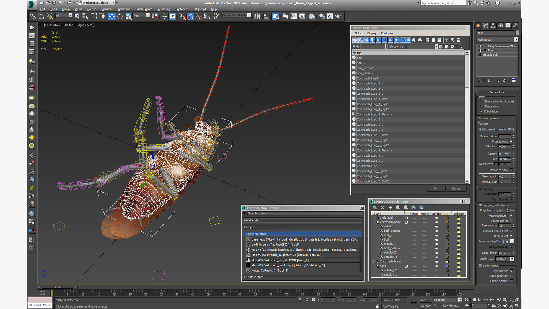 3D Animated Cockroach Upside Down Rigged for Cinema 4D