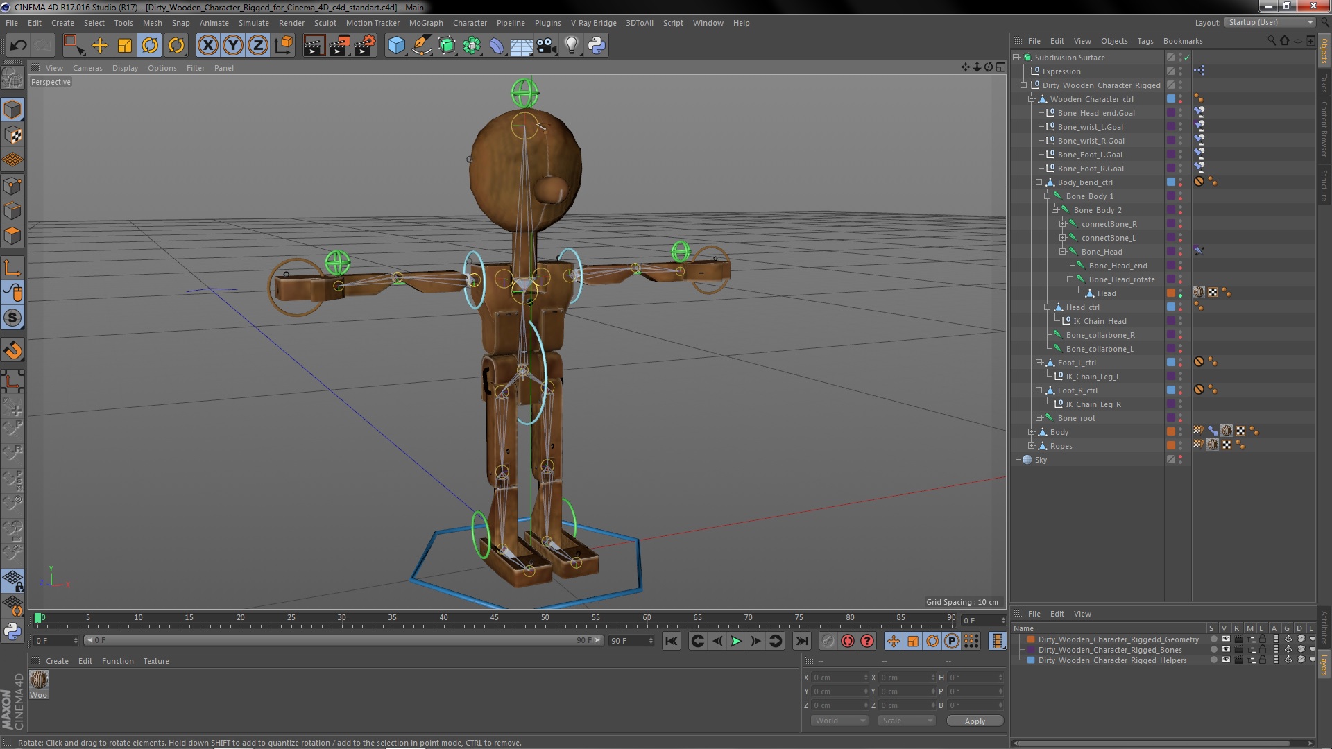 3D Dirty Wooden Character Rigged for Cinema 4D model