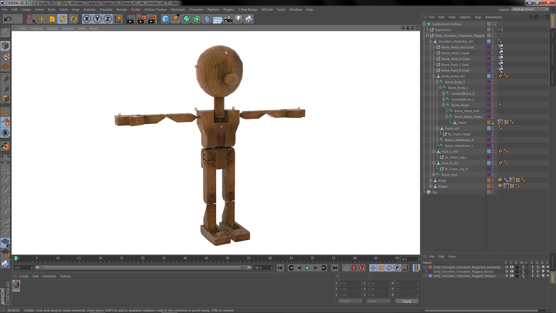 3D Dirty Wooden Character Rigged for Cinema 4D model