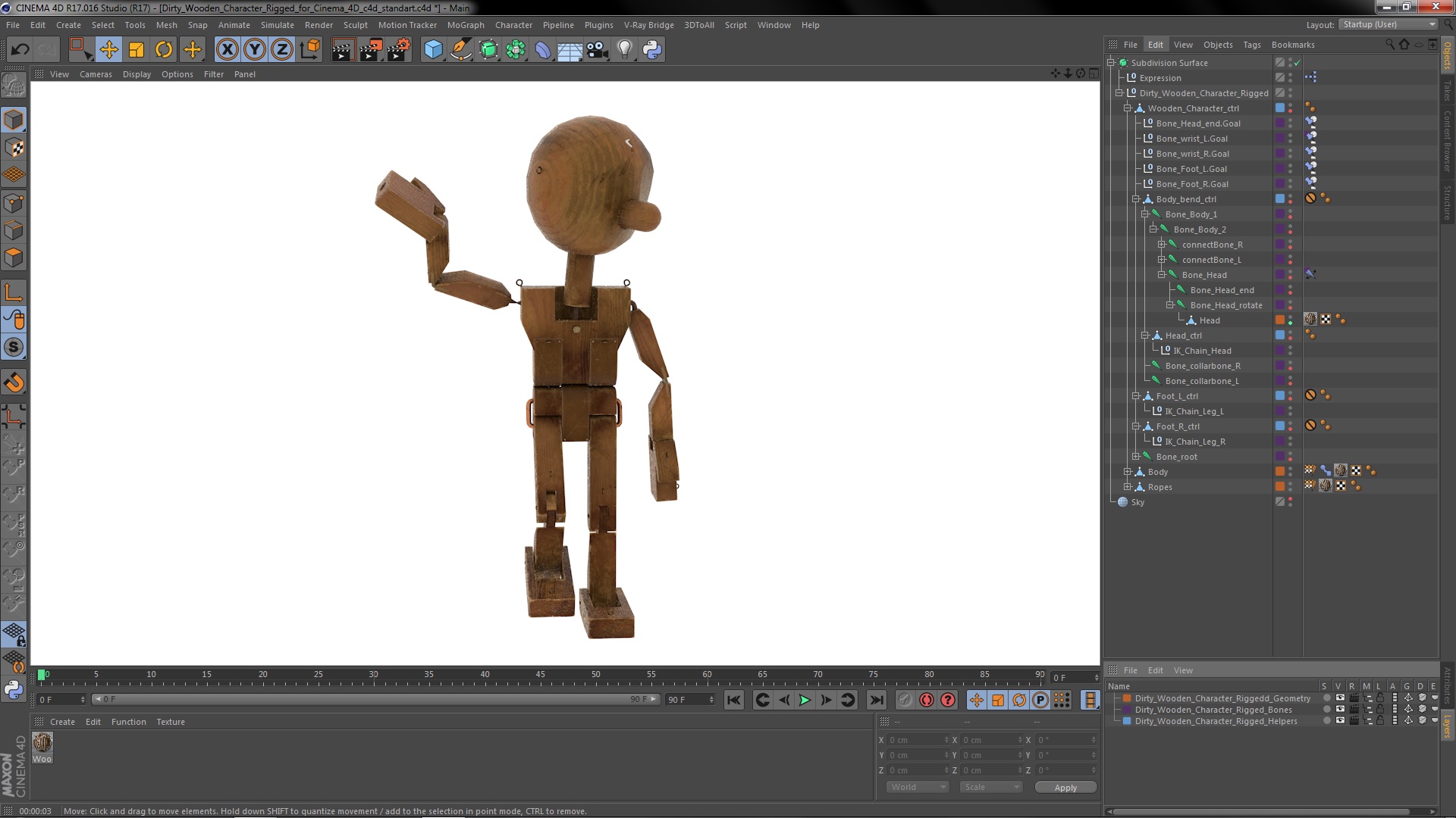 3D Dirty Wooden Character Rigged for Cinema 4D model