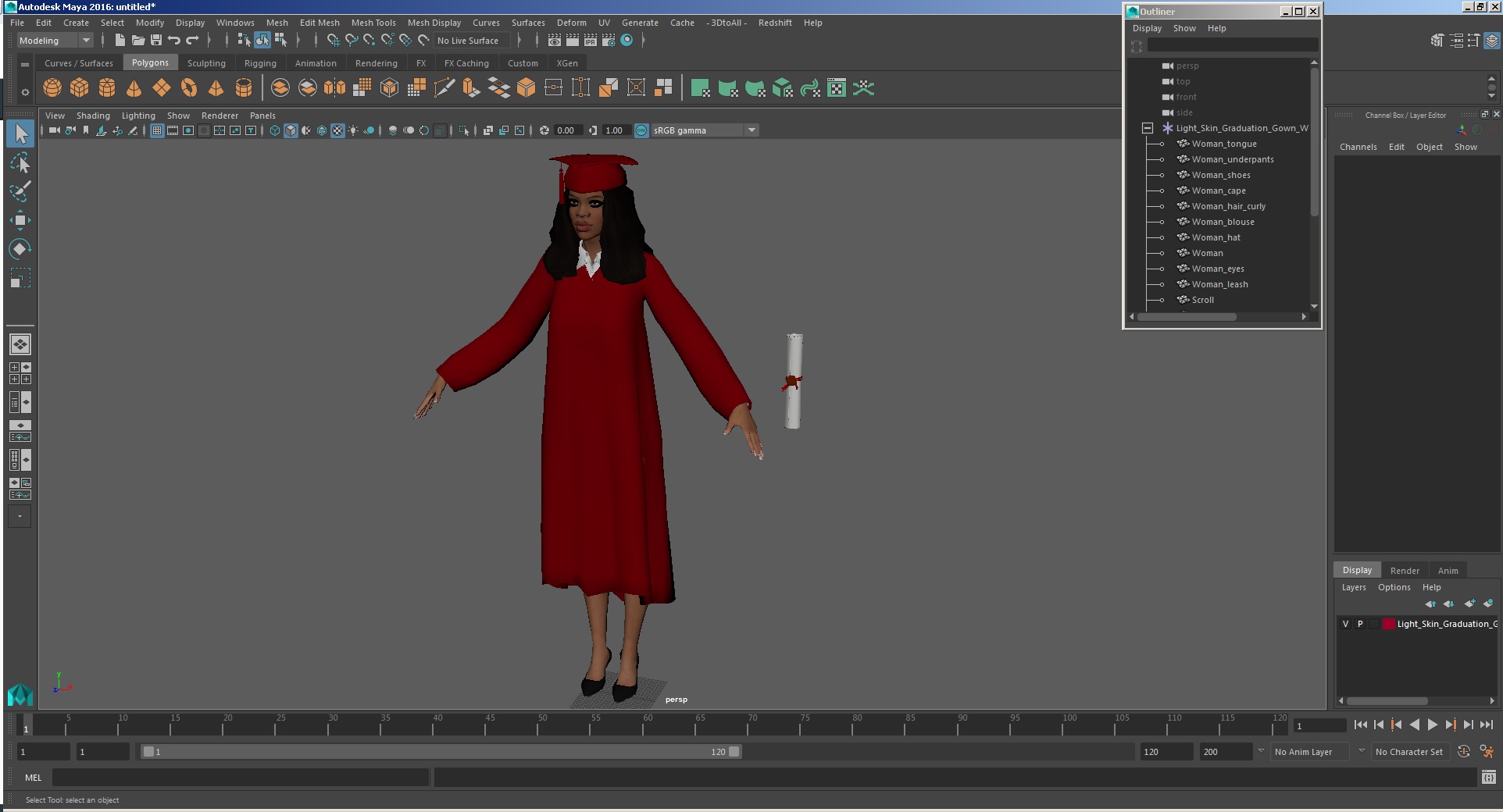 3D model Light Skin Graduation Gown Woman Neutral Pose