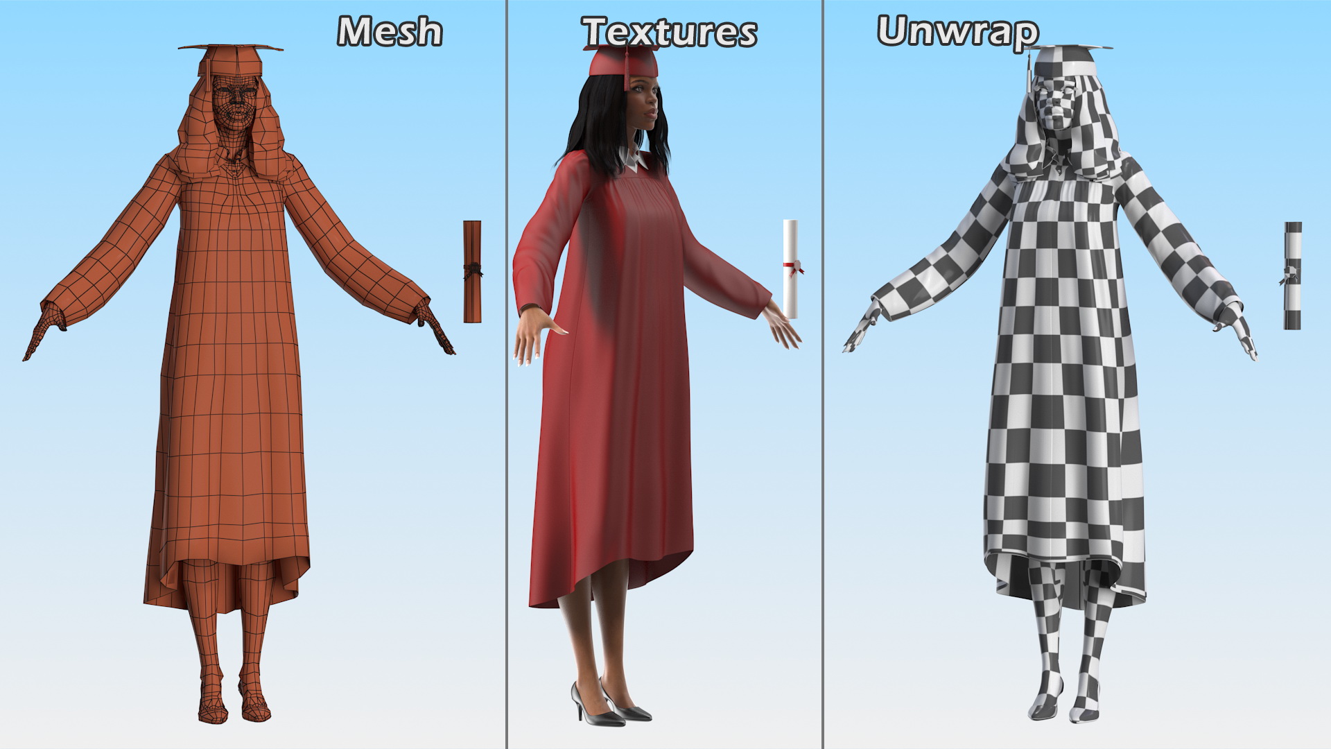 3D model Light Skin Graduation Gown Woman Neutral Pose