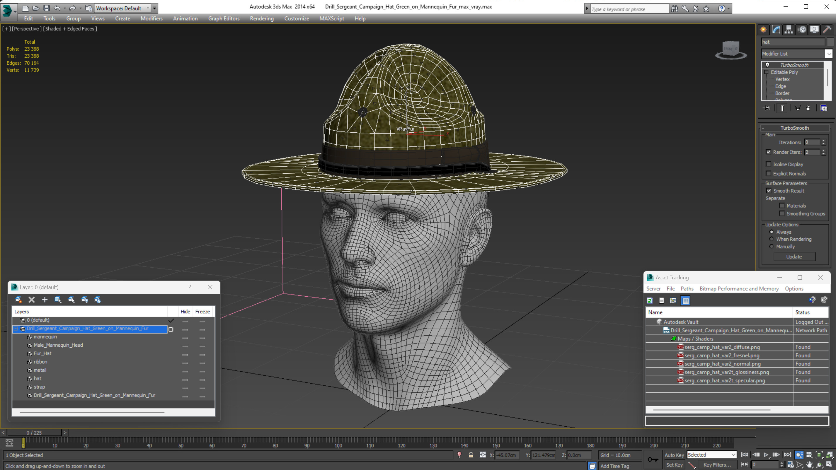 3D model Drill Sergeant Campaign Hat Green on Mannequin Fur