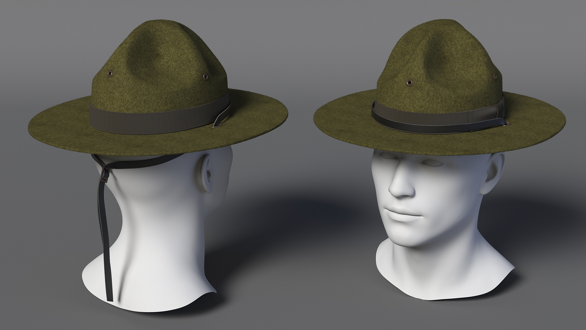 3D model Drill Sergeant Campaign Hat Green on Mannequin Fur