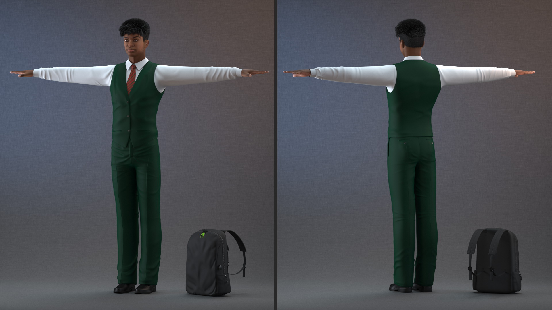 Black Teenager Light Skin School Uniform Rigged 3D