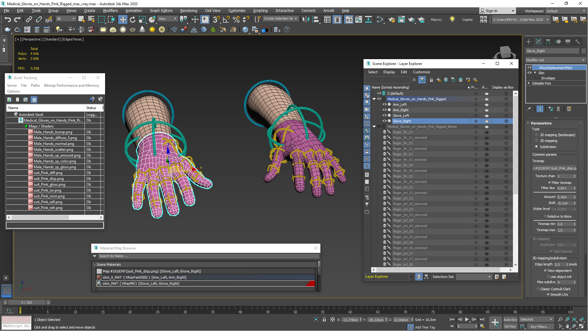 3D model Medical Gloves on Hands Pink Rigged