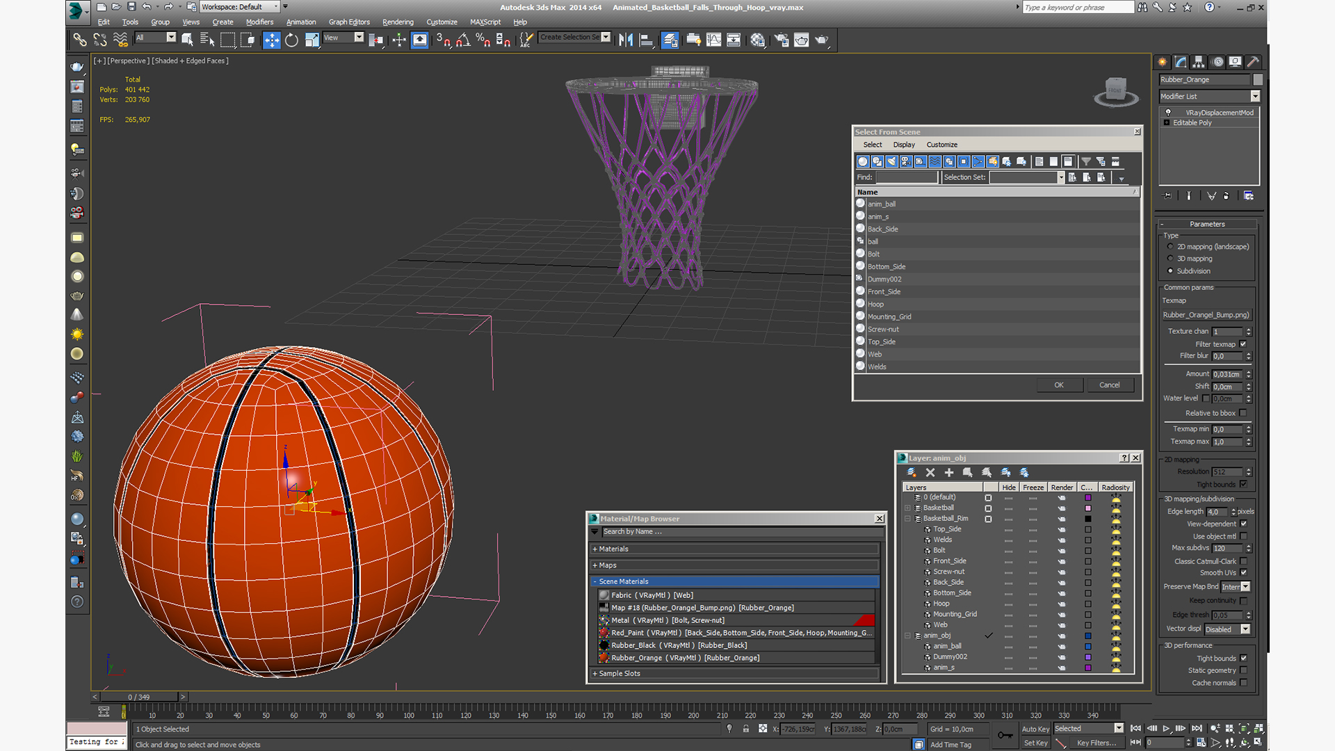 3D Animated Basketball Falls Through Hoop model