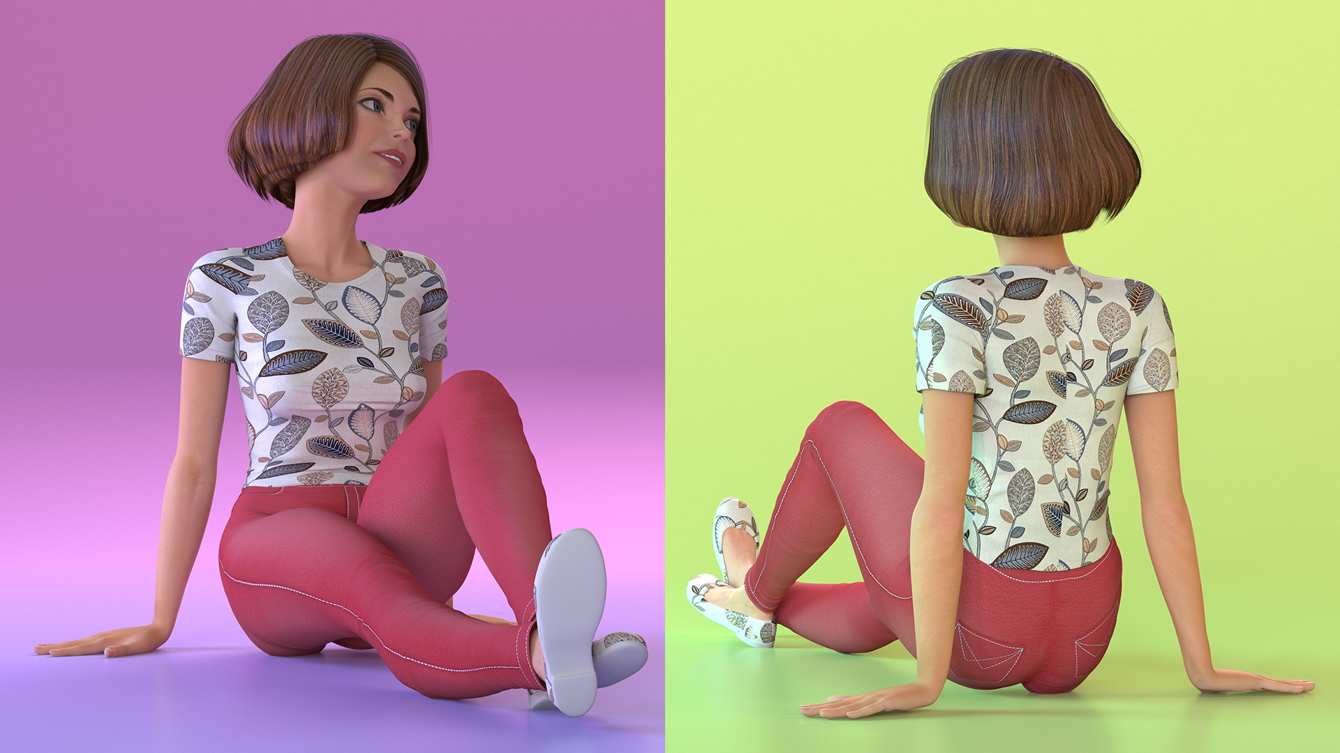 3D Cartoon Young Girl Casual Clothes Sitting Pose