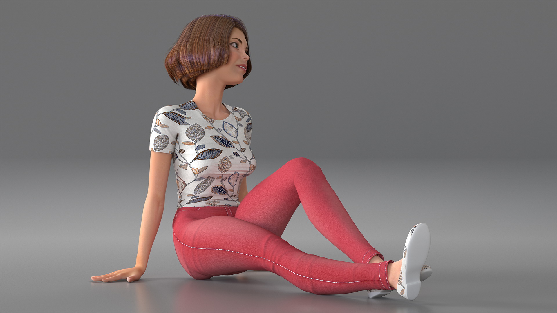 3D Cartoon Young Girl Casual Clothes Sitting Pose