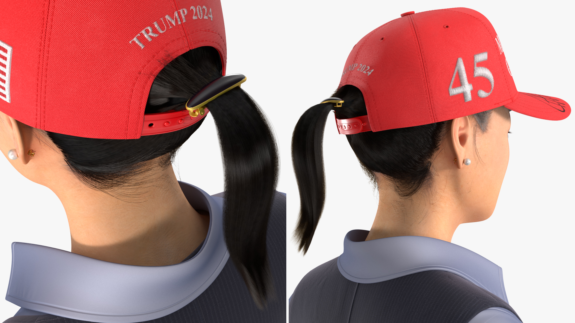 3D Asian Businesswoman Fur in MAGA Hat Fur Rigged