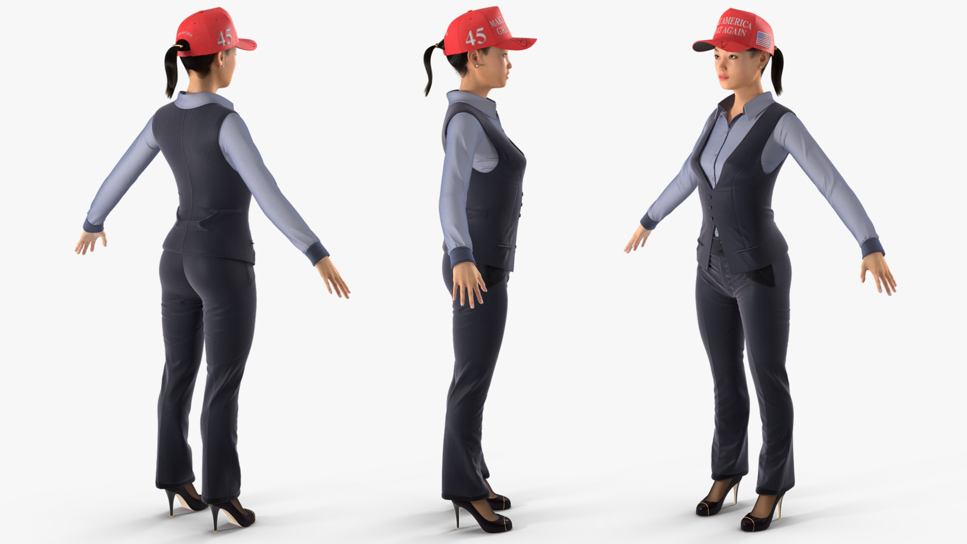 3D Asian Businesswoman Fur in MAGA Hat Fur Rigged