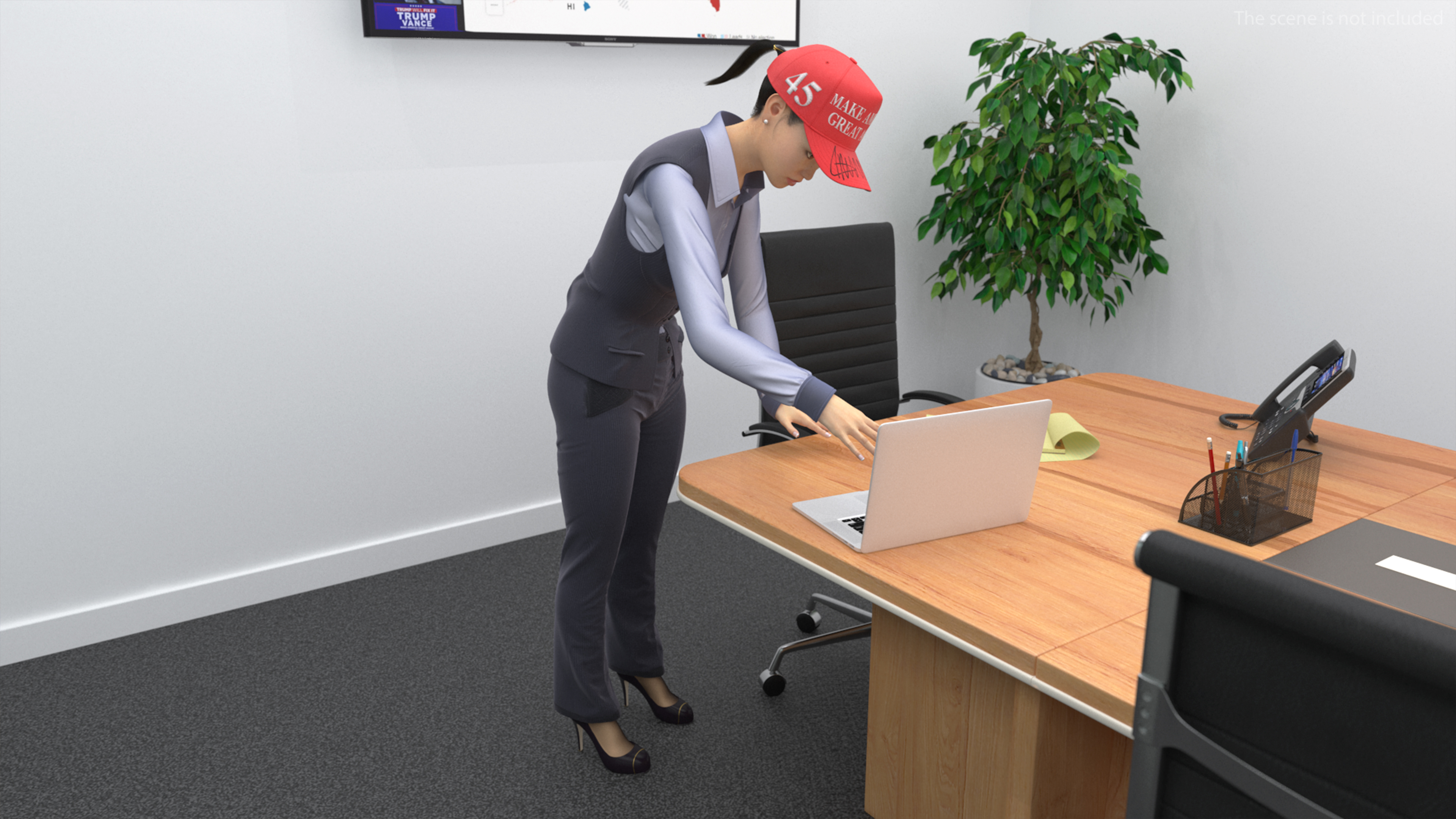 3D Asian Businesswoman Fur in MAGA Hat Fur Rigged