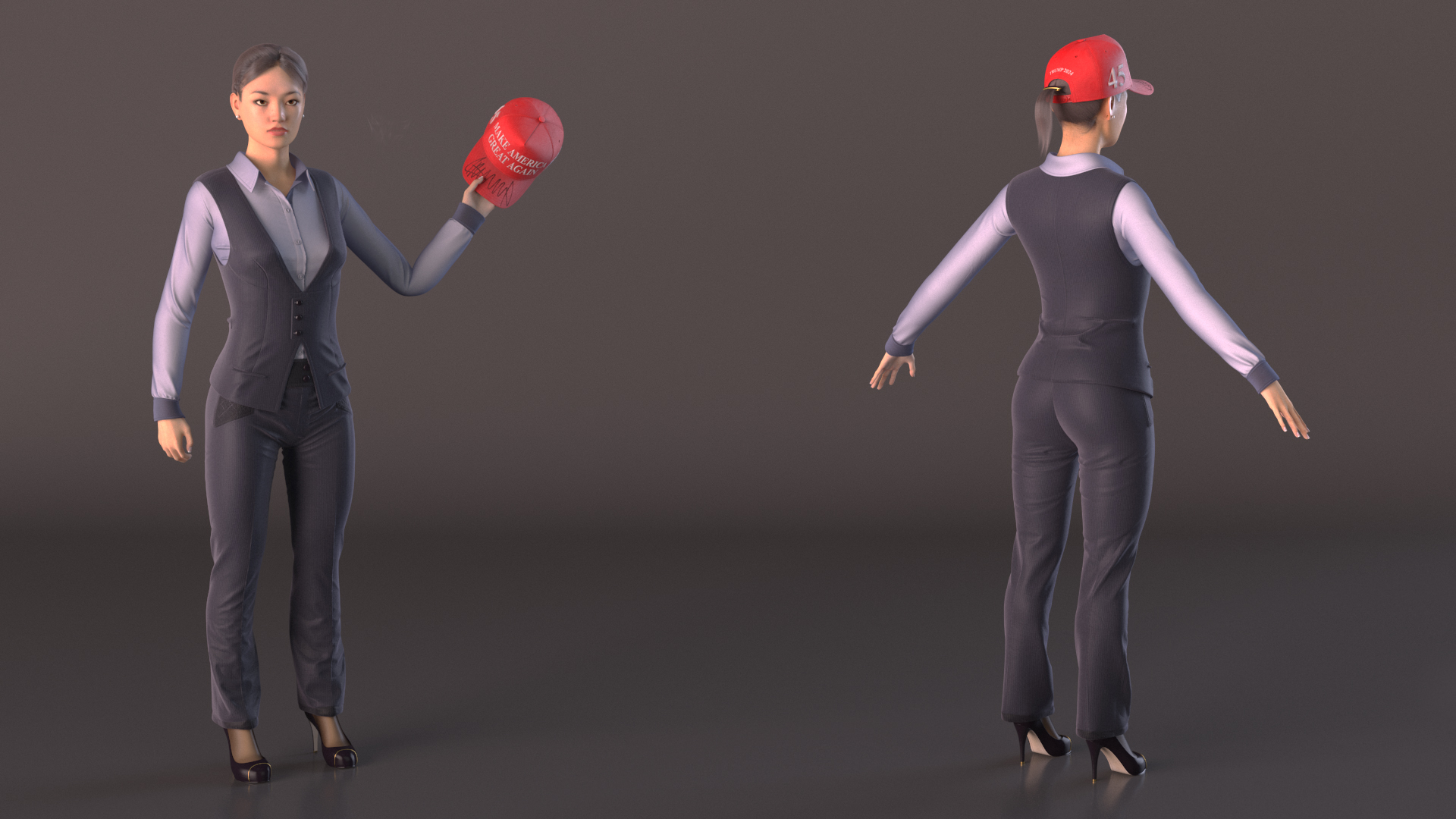 3D Asian Businesswoman Fur in MAGA Hat Fur Rigged