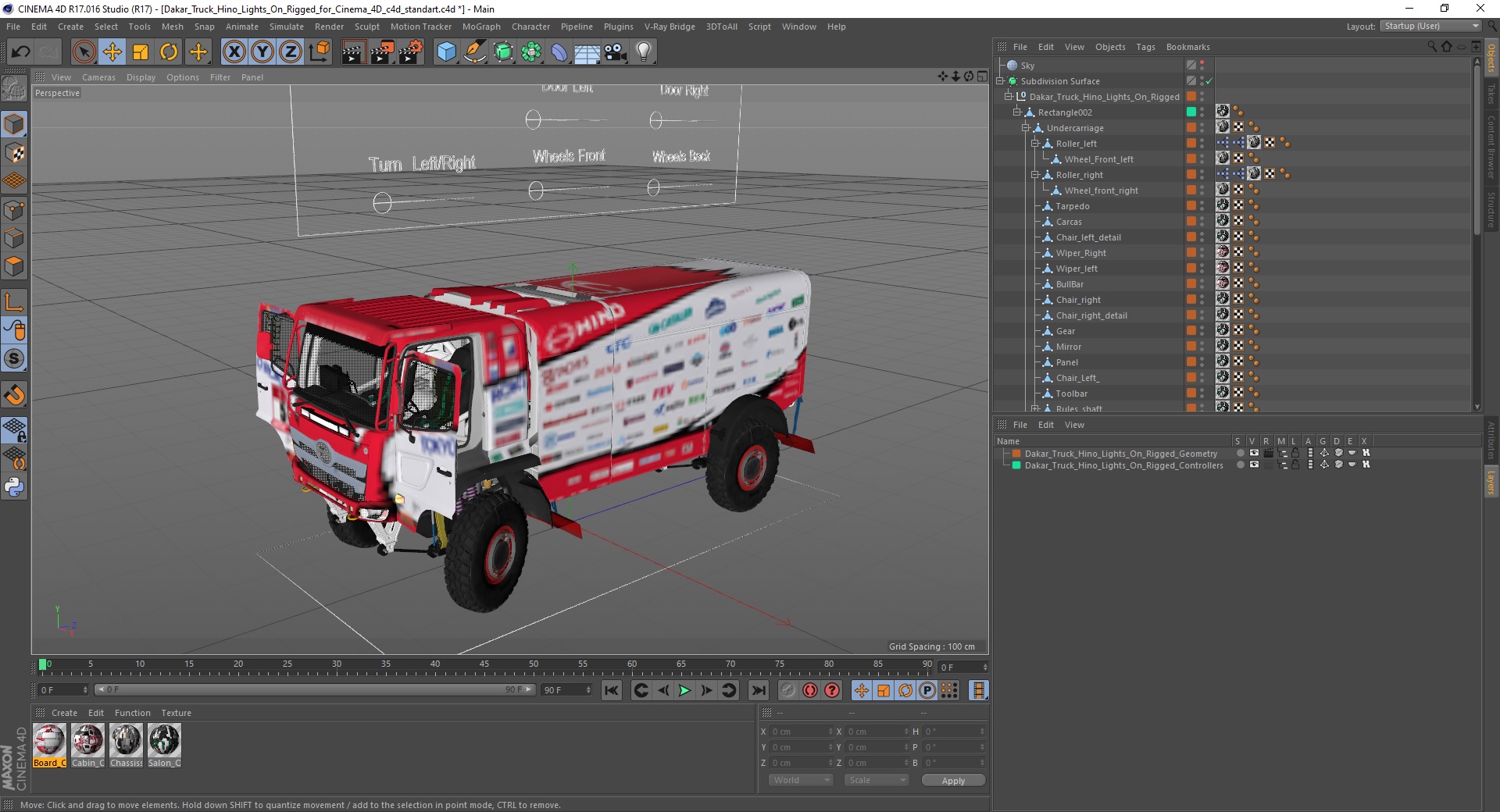 Dakar Truck Hino Lights On Rigged for Cinema 4D 3D