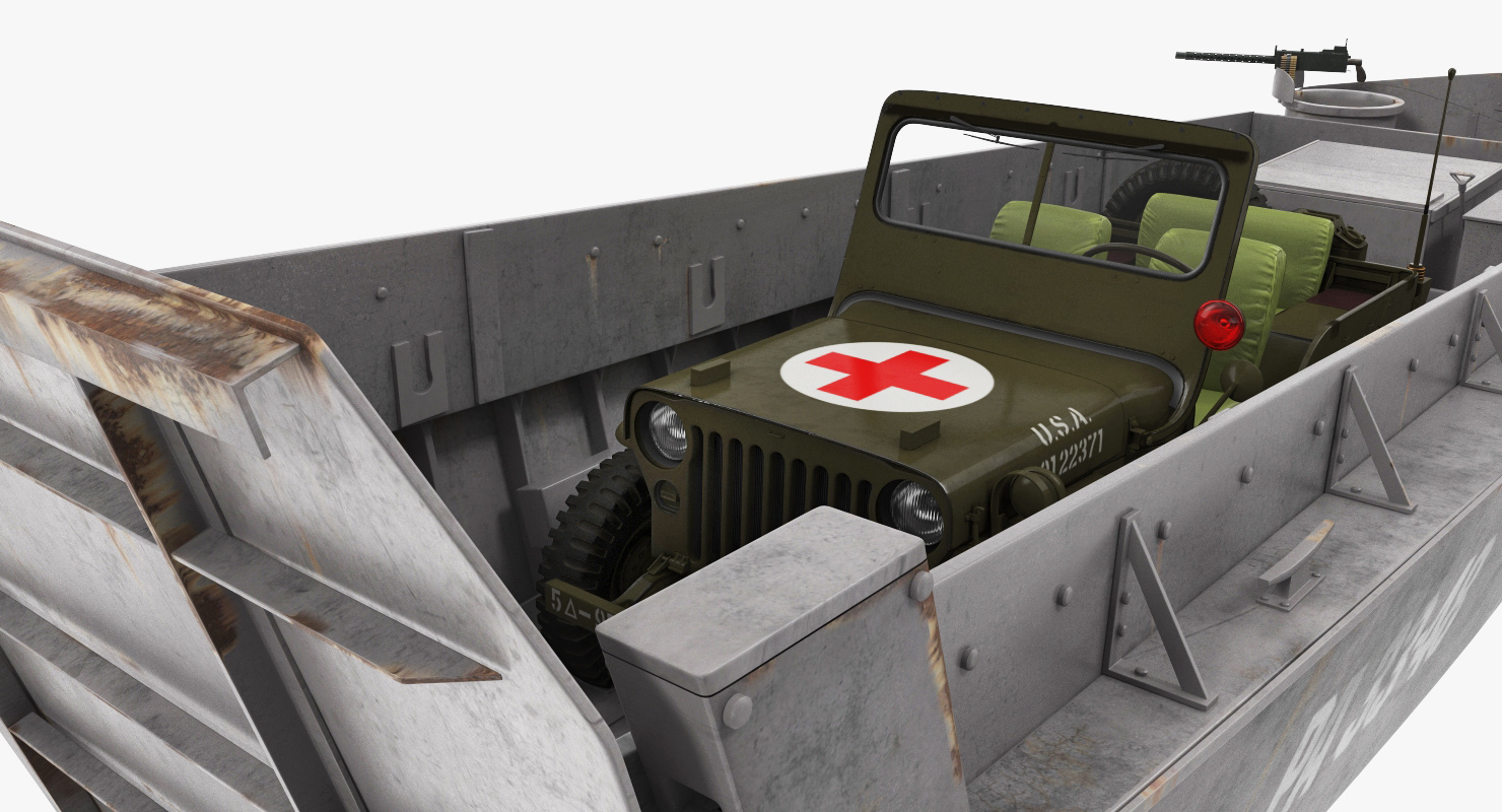 Higgins Boat with Ambulance Jeep 3D