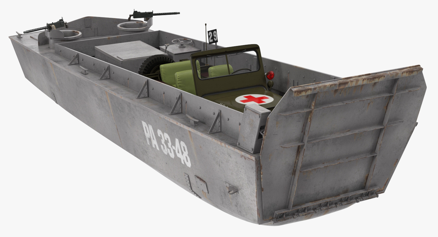 Higgins Boat with Ambulance Jeep 3D