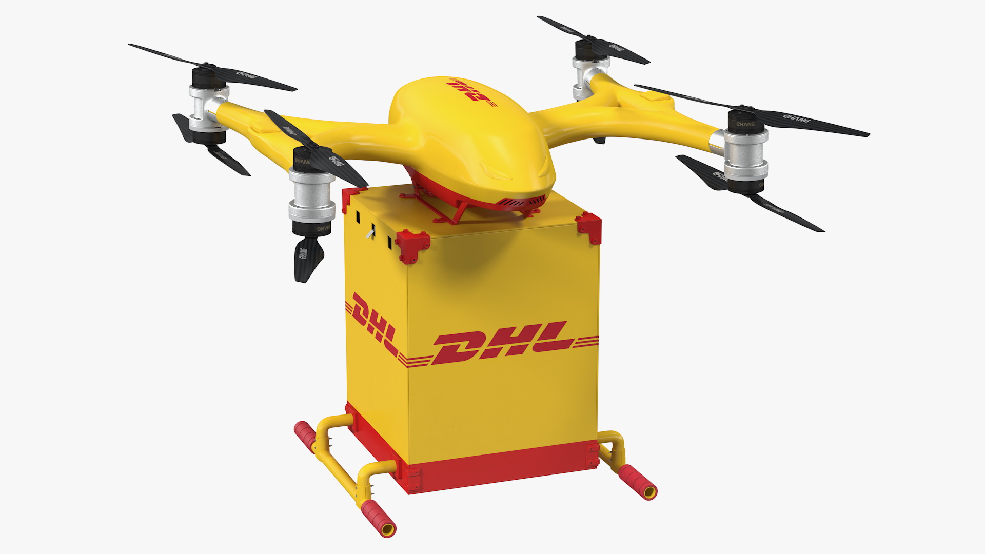 Quadcopter DHL Drone with Delivery Package 3D